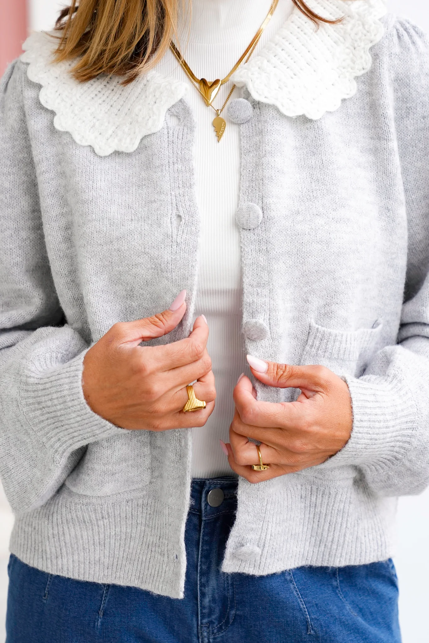 Knit Long Sleeve Frill Crochet Collar Cardigan - Image 3