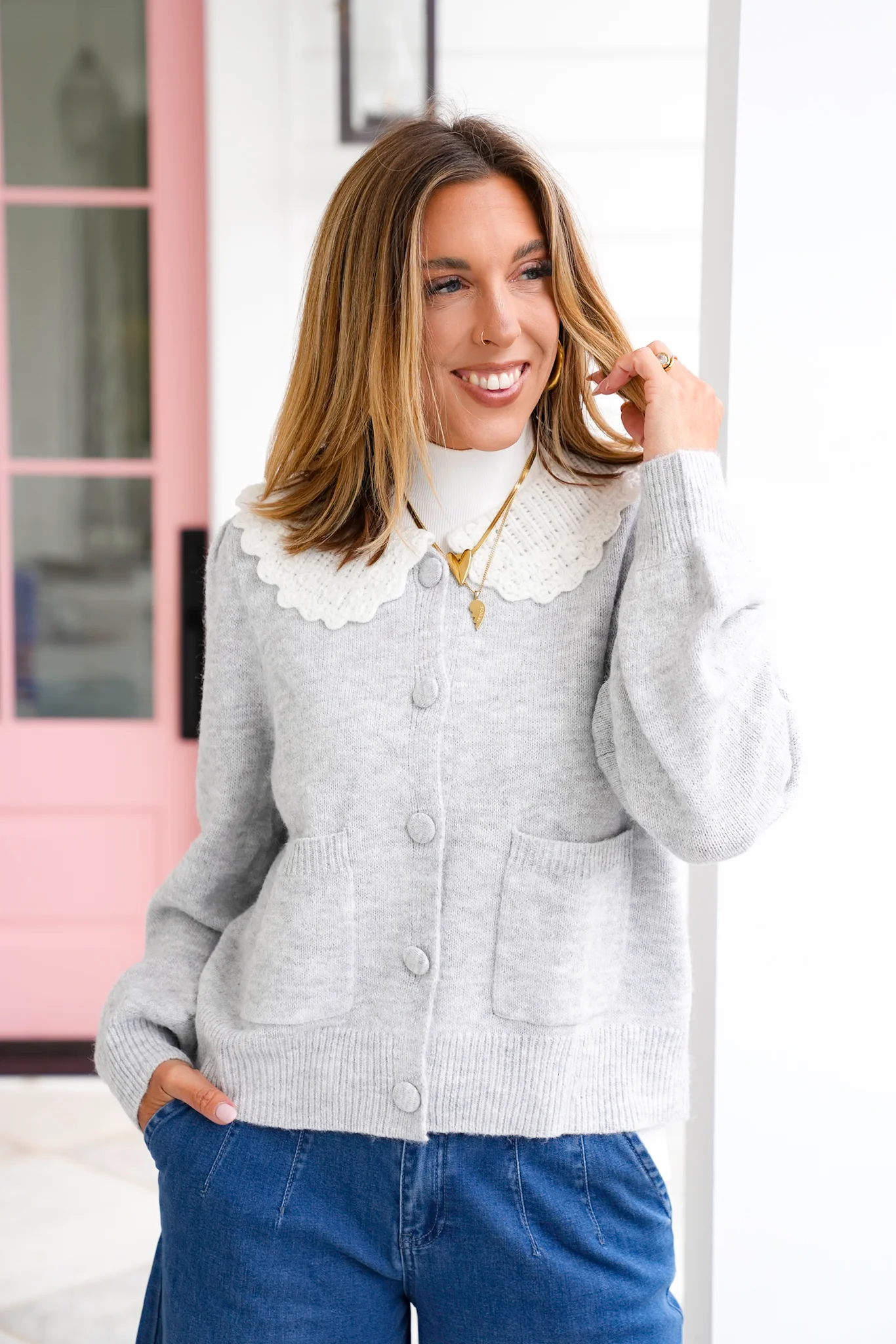 Knit Long Sleeve Frill Crochet Collar Cardigan - Image 6