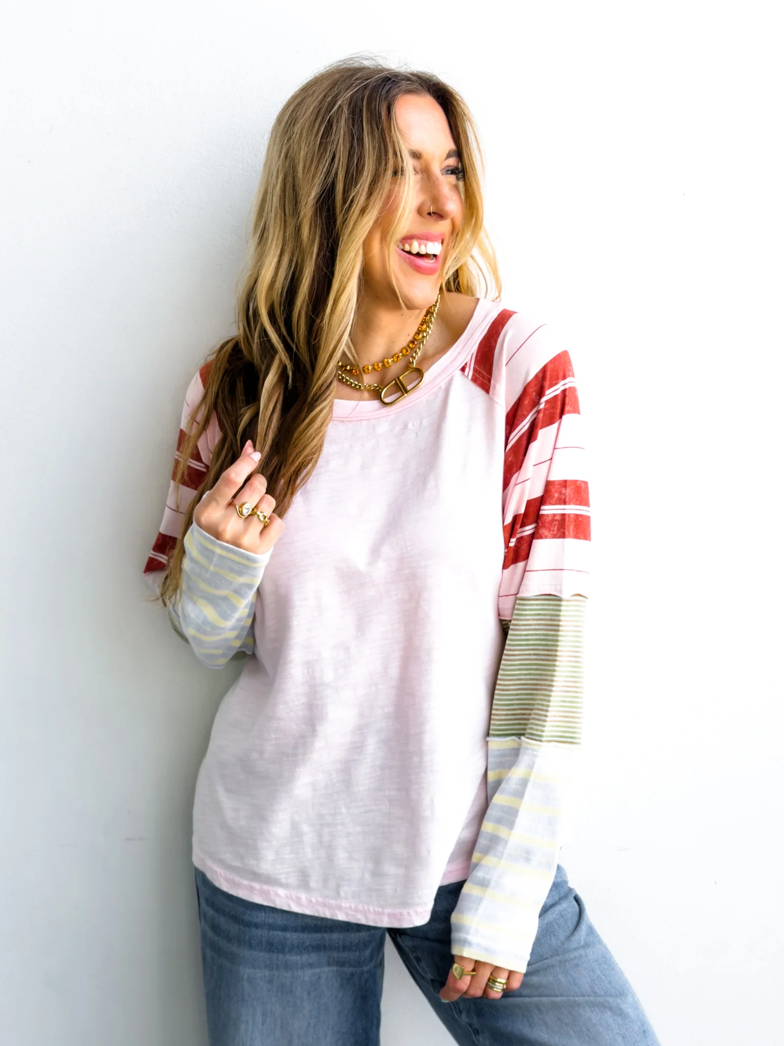 Knit Long Sleeve Round Neck Top with Stripes - Image 2