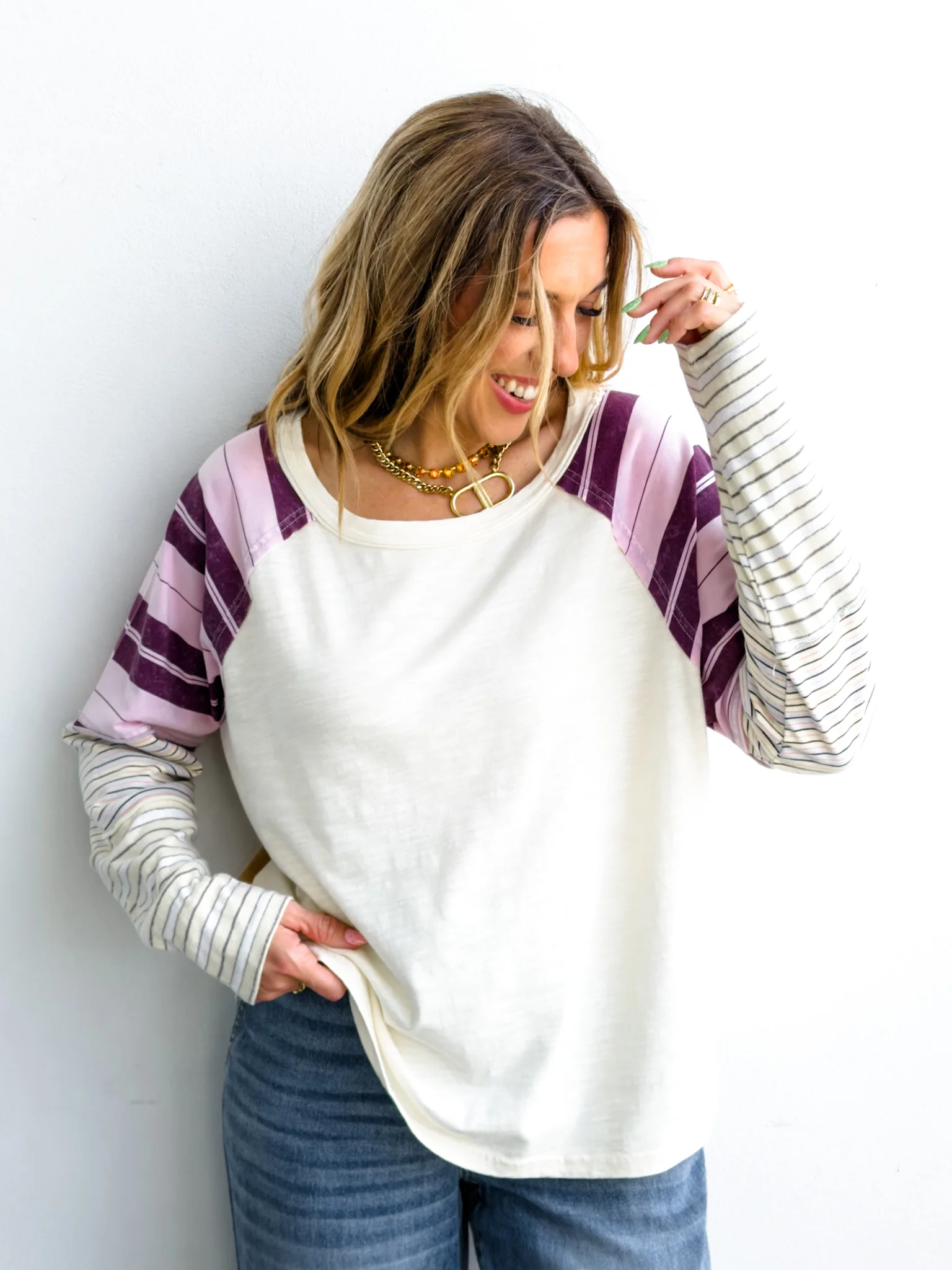 Knit Long Sleeve Round Neck Top with Stripes - Image 3