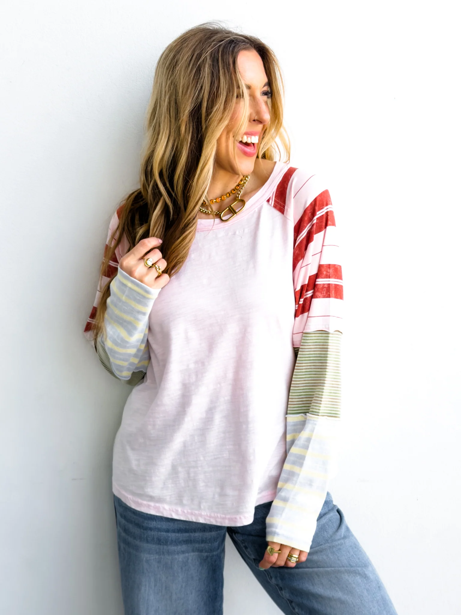 Knit Long Sleeve Round Neck Top with Stripes - Image 5