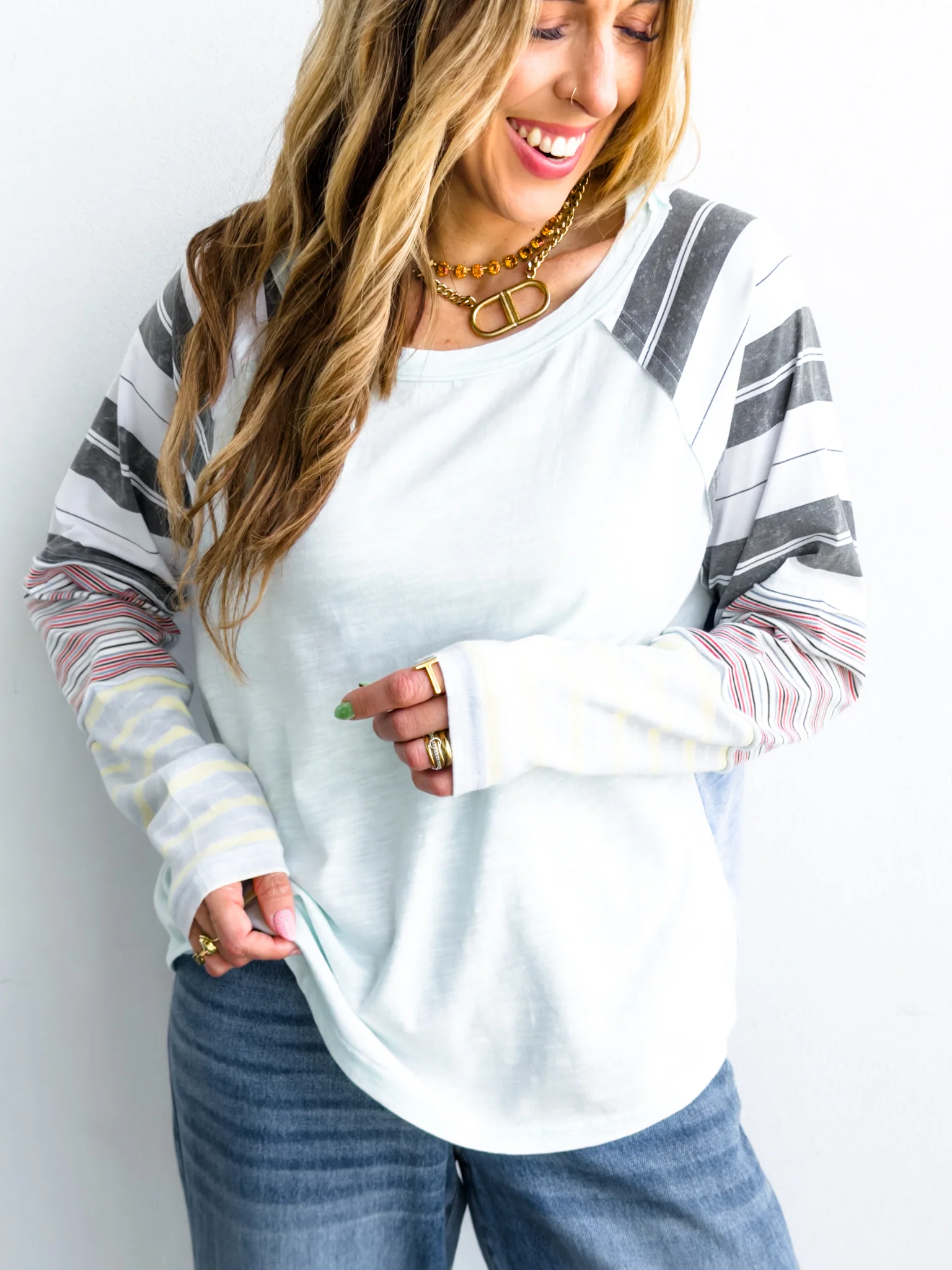 Knit Long Sleeve Round Neck Top with Stripes - Image 6