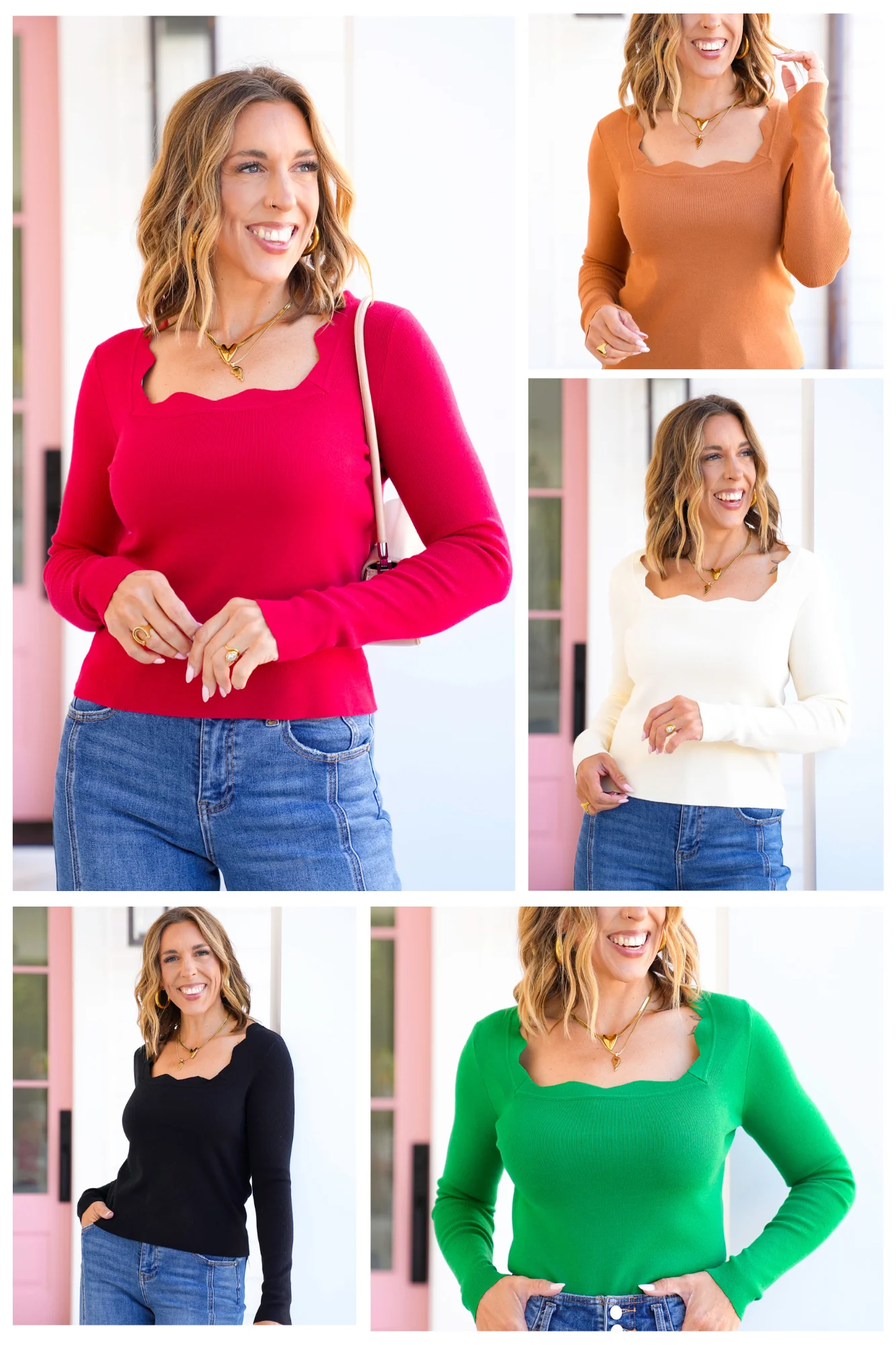 Knit Long Sleeve Scallop Neck Top