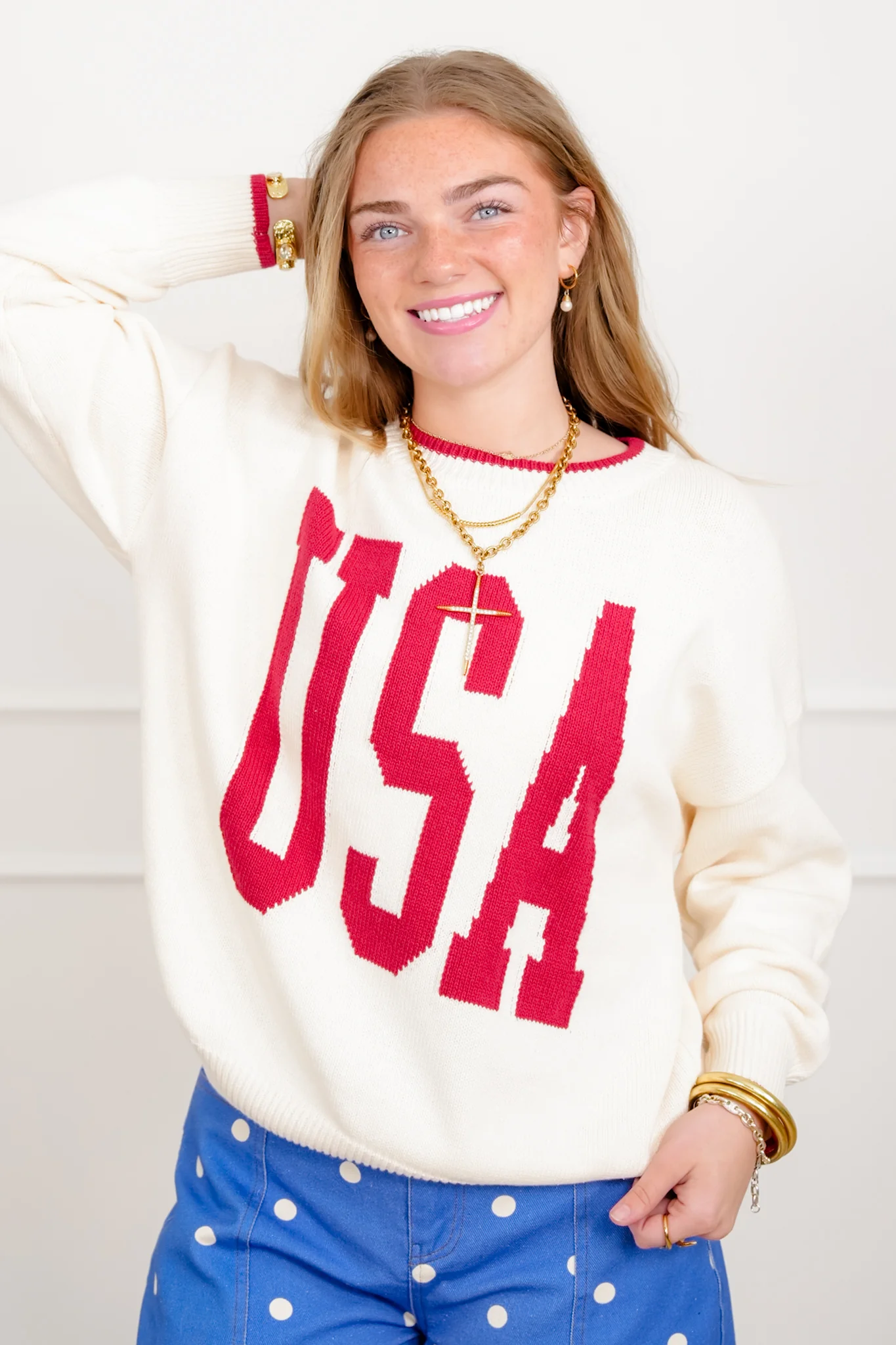 Knit Long Sleeve "USA" Crew Neck Sweater - Image 2