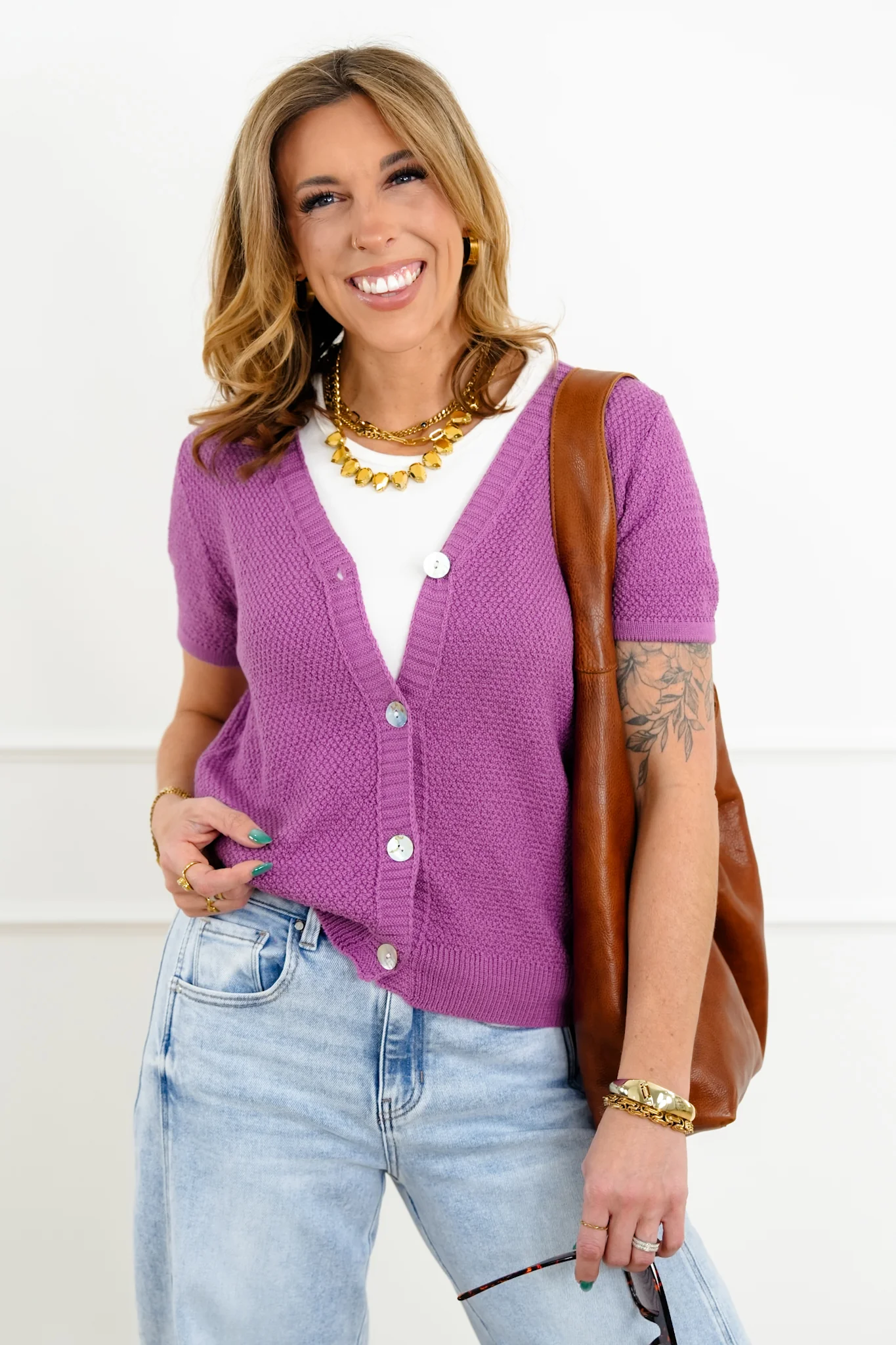 Knit Short Sleeve Button Down Cardigan - Image 4