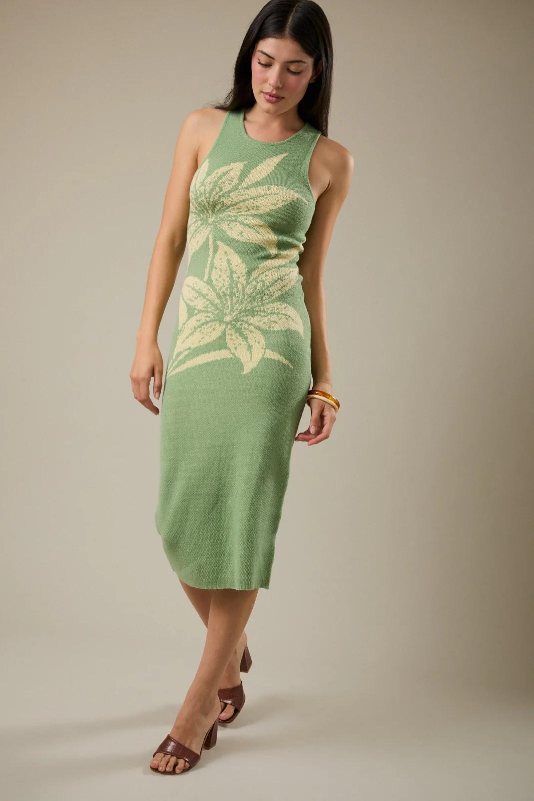 Knit Sleeveless Flower Print Midi Dresses - Image 3