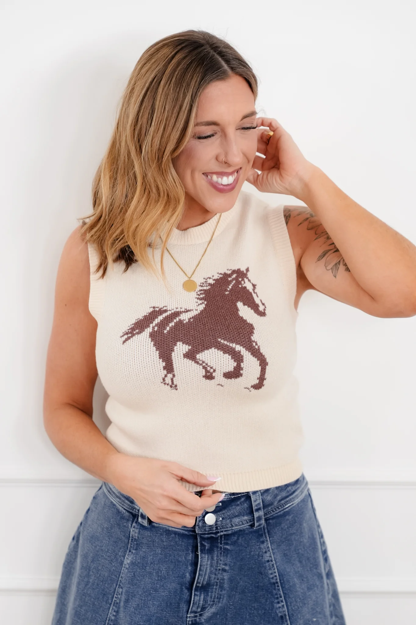 Knit Sleeveless Round Neck "Horse" Sweater Vest - Image 3