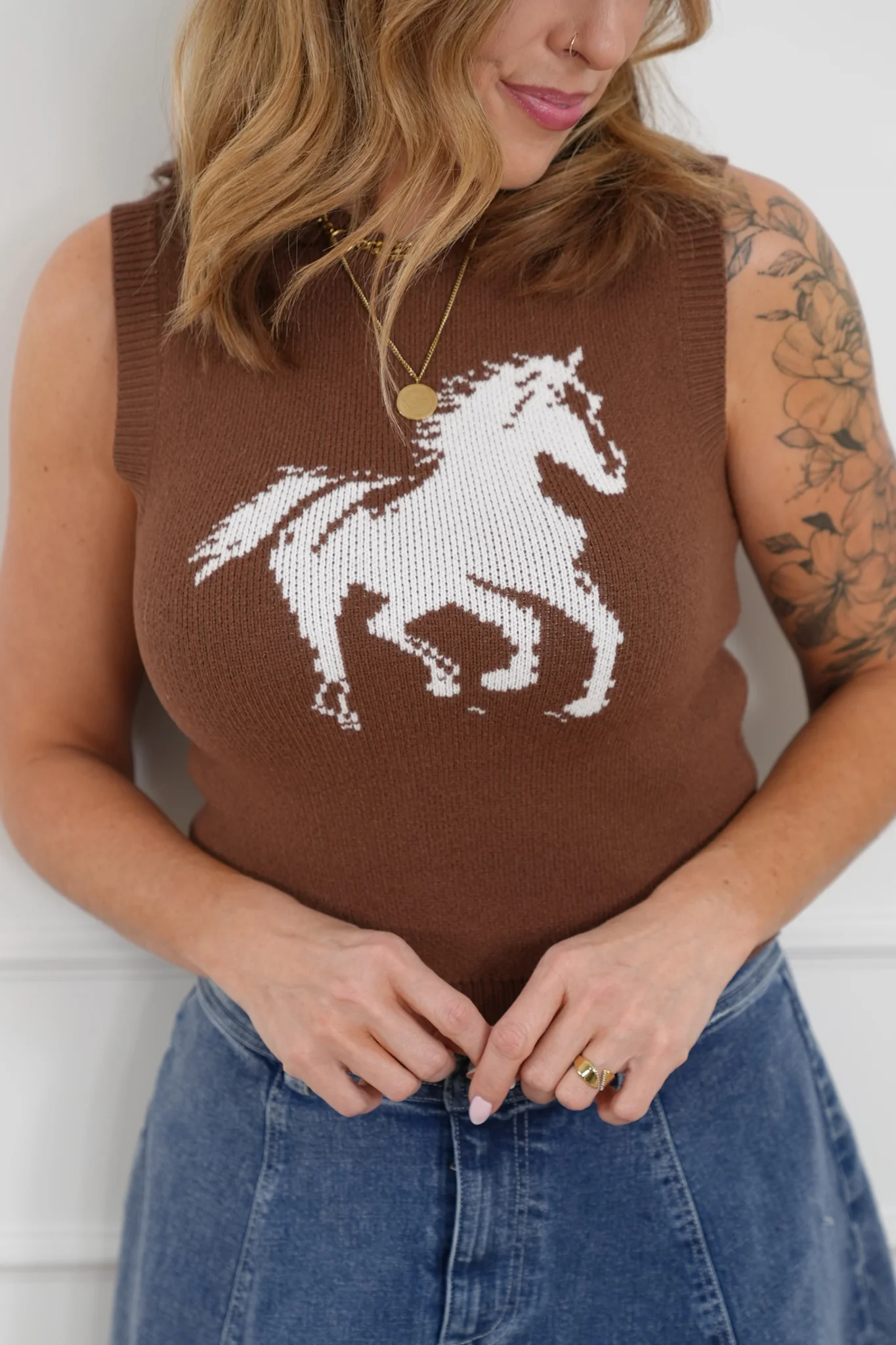 Knit Sleeveless Round Neck "Horse" Sweater Vest - Image 8