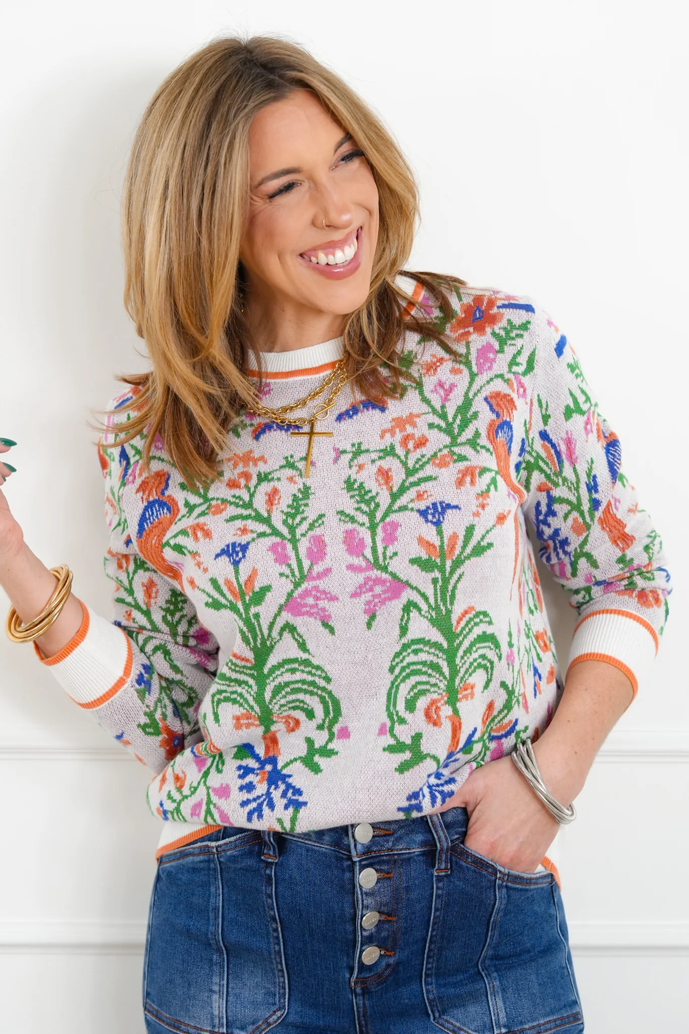 Knit Tropical Print Long Sleeve Pullover Sweater - Image 2