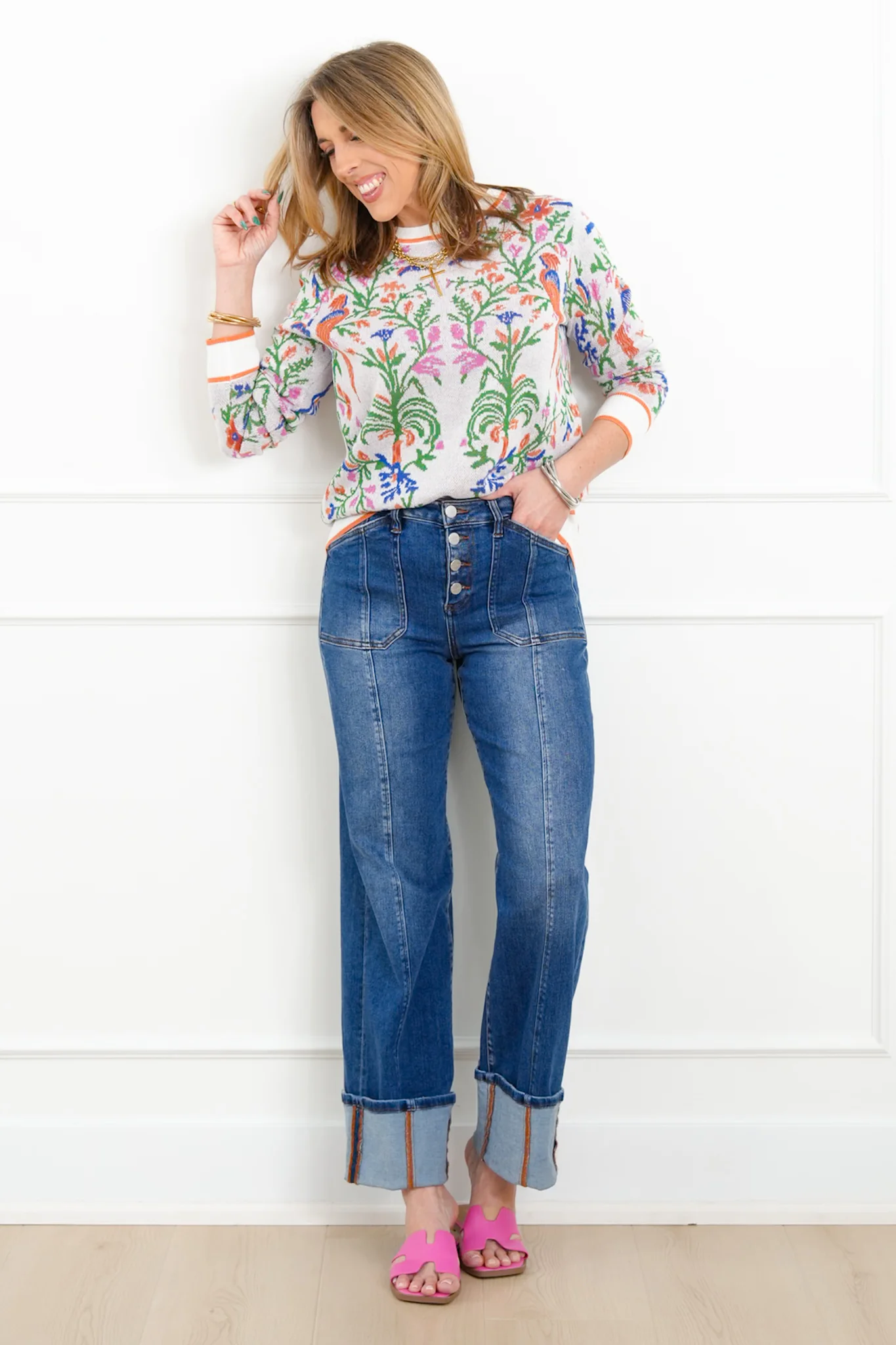 Knit Tropical Print Long Sleeve Pullover Sweater - Image 4