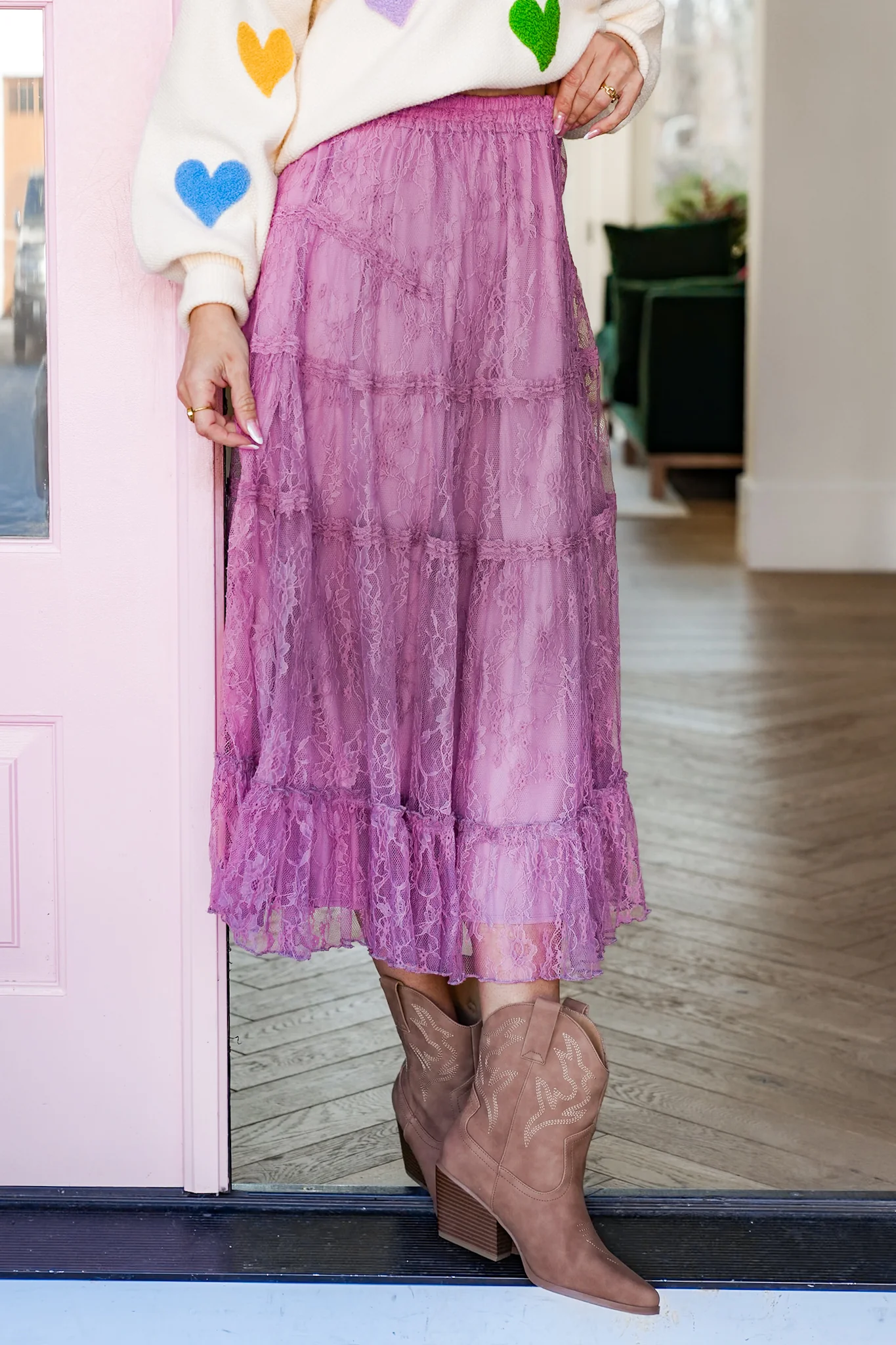 Lace Elastic Waist Tiered Midi Skirt - Image 3