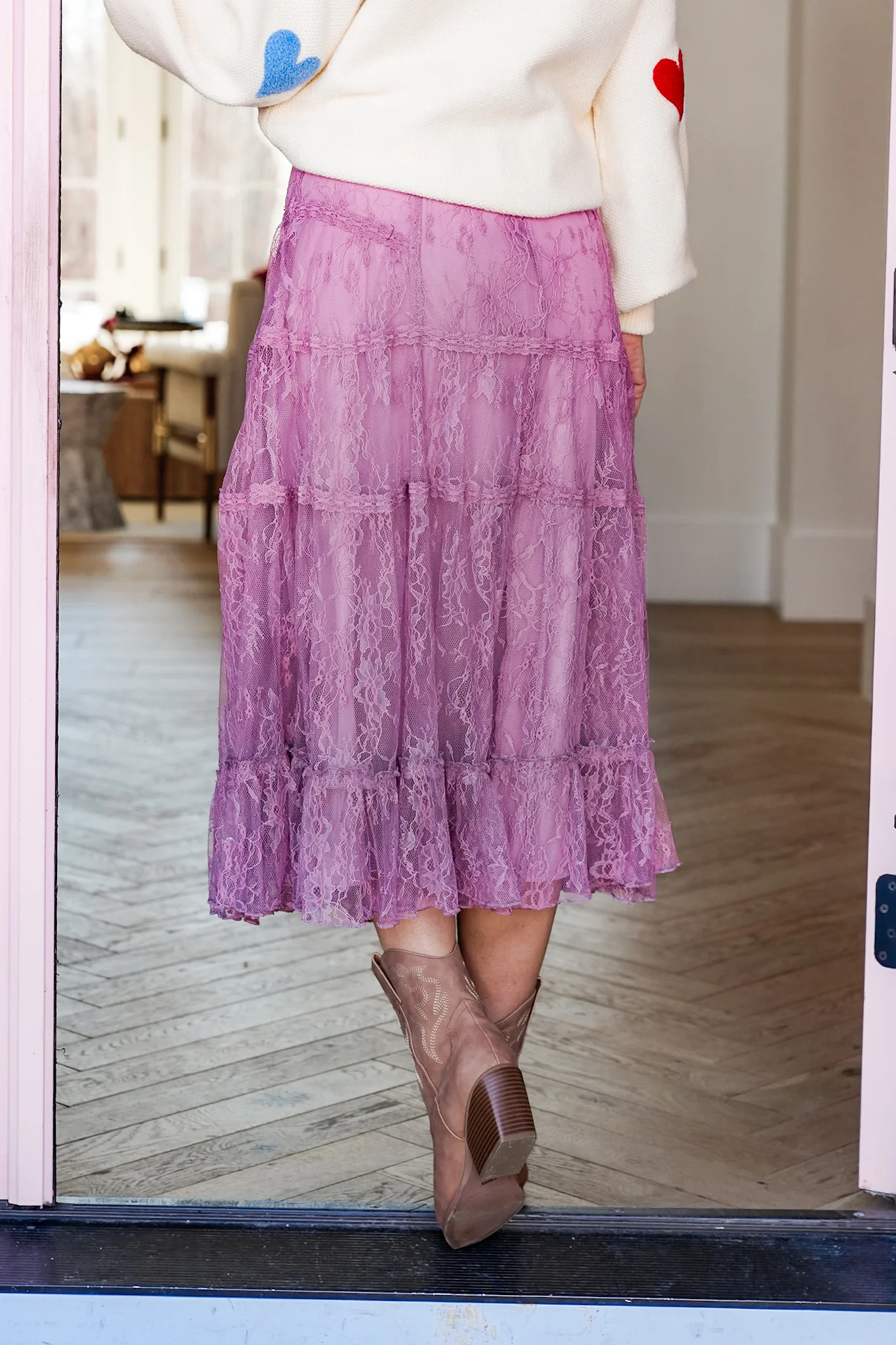 Lace Elastic Waist Tiered Midi Skirt - Image 4
