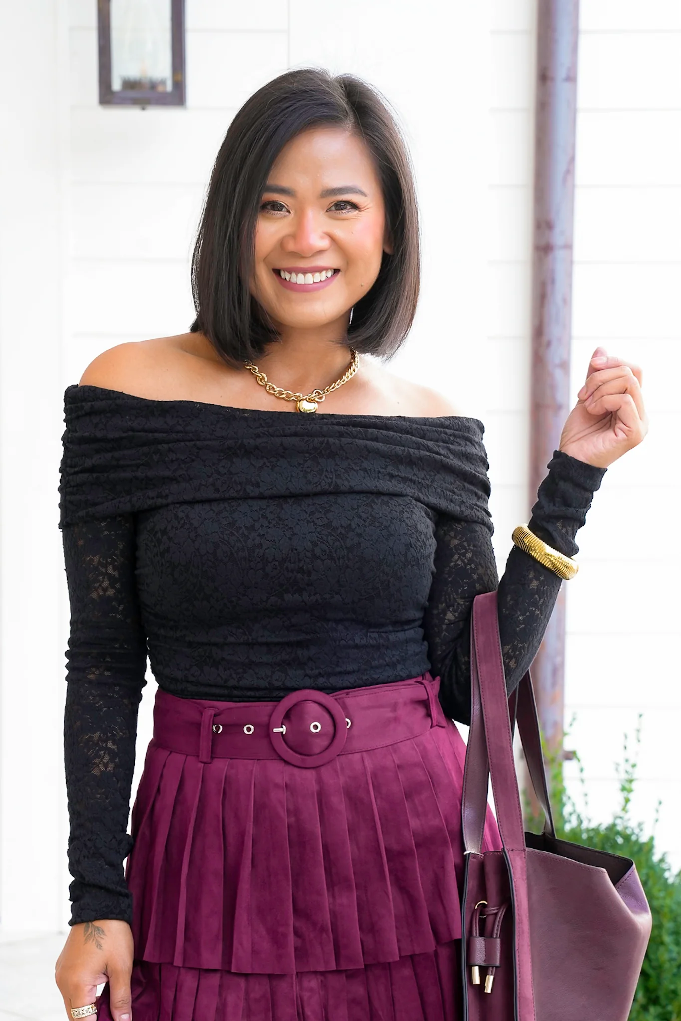 Lace Off Shoulder Long Sleeve Top with Ruched Side - Image 2