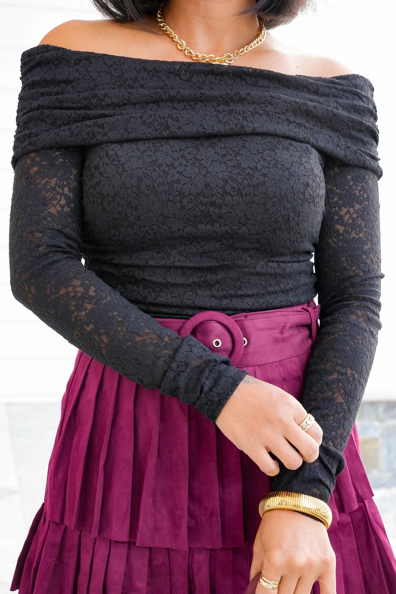 Lace Off Shoulder Long Sleeve Top with Ruched Side - Image 5
