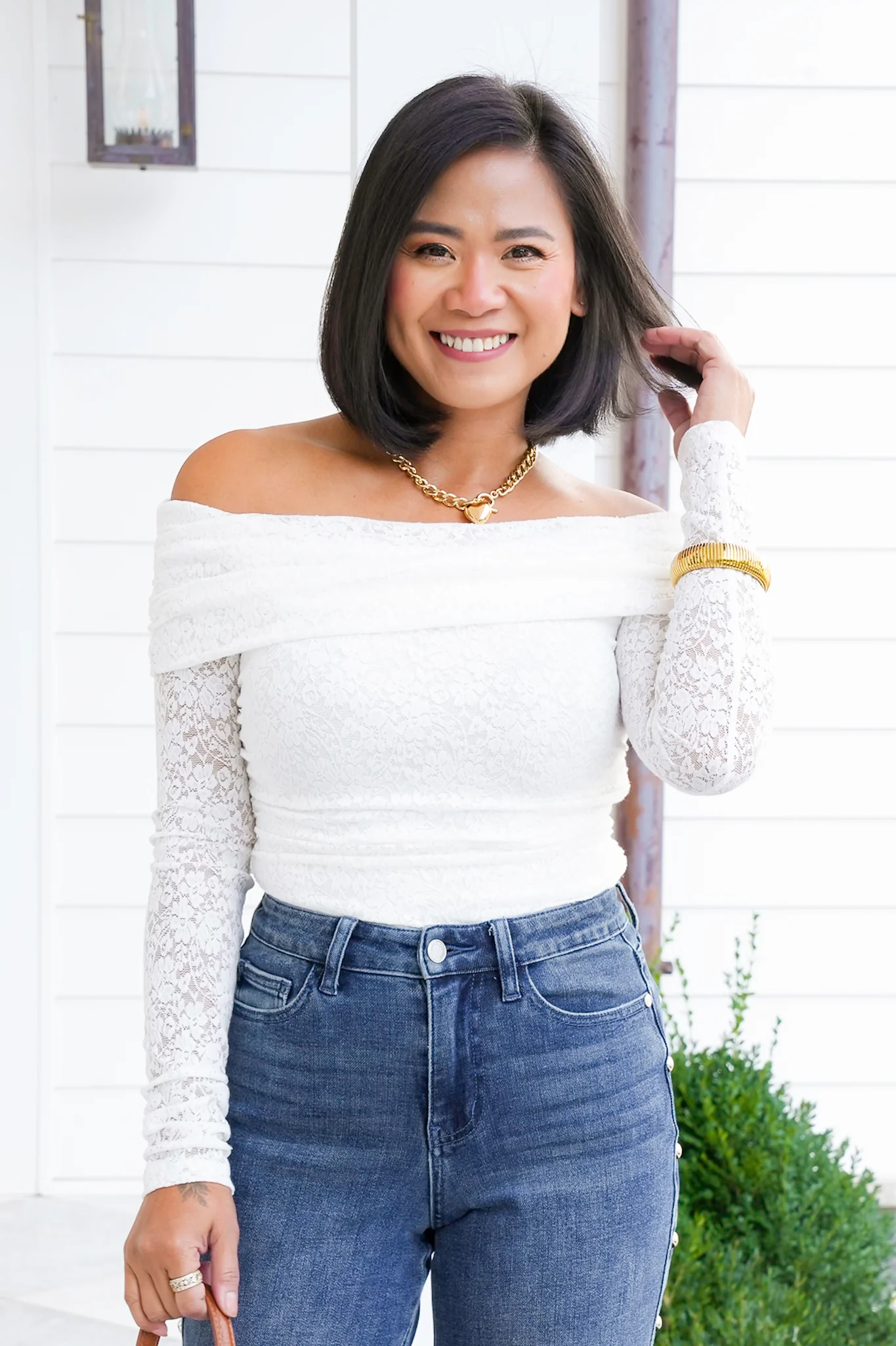 Lace Off Shoulder Long Sleeve Top with Ruched Side - Image 9