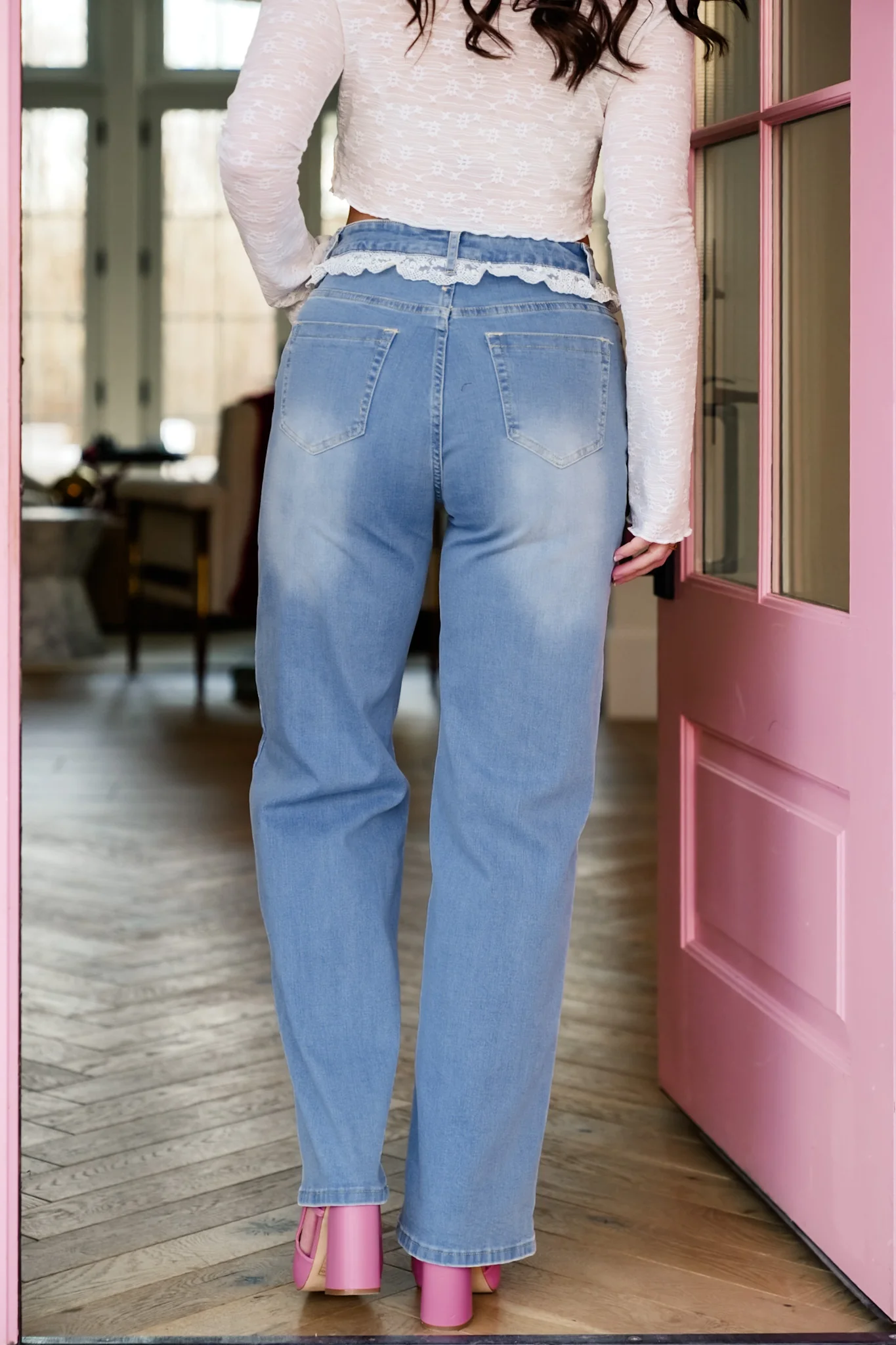 Lace Trim High Waist Straight Leg Jeans - Image 5