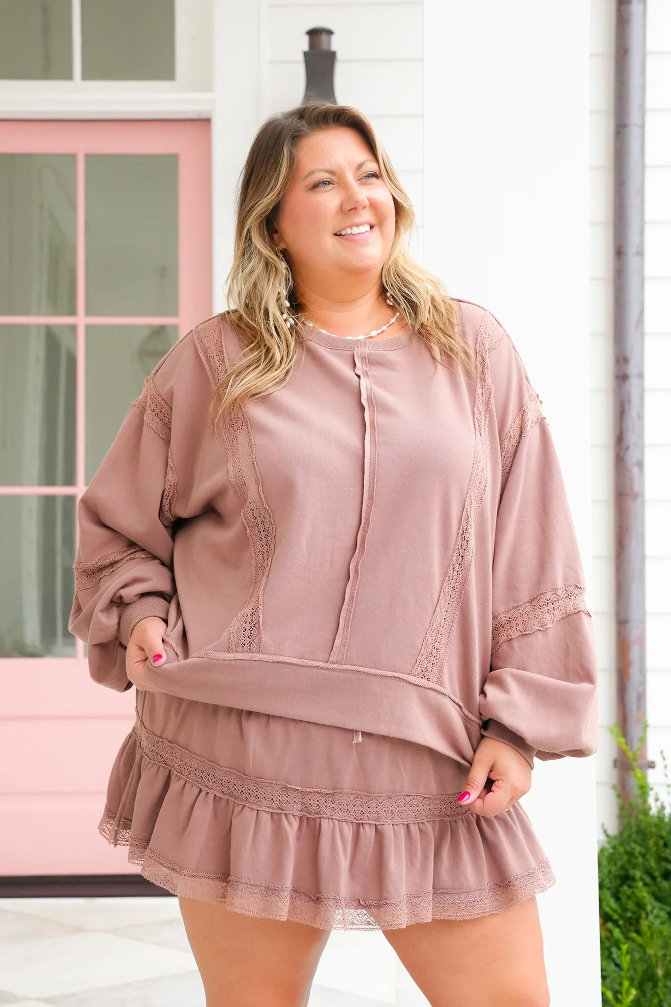 Lace Trim Long Sleeve Pullover Top and Skort Set - Image 10