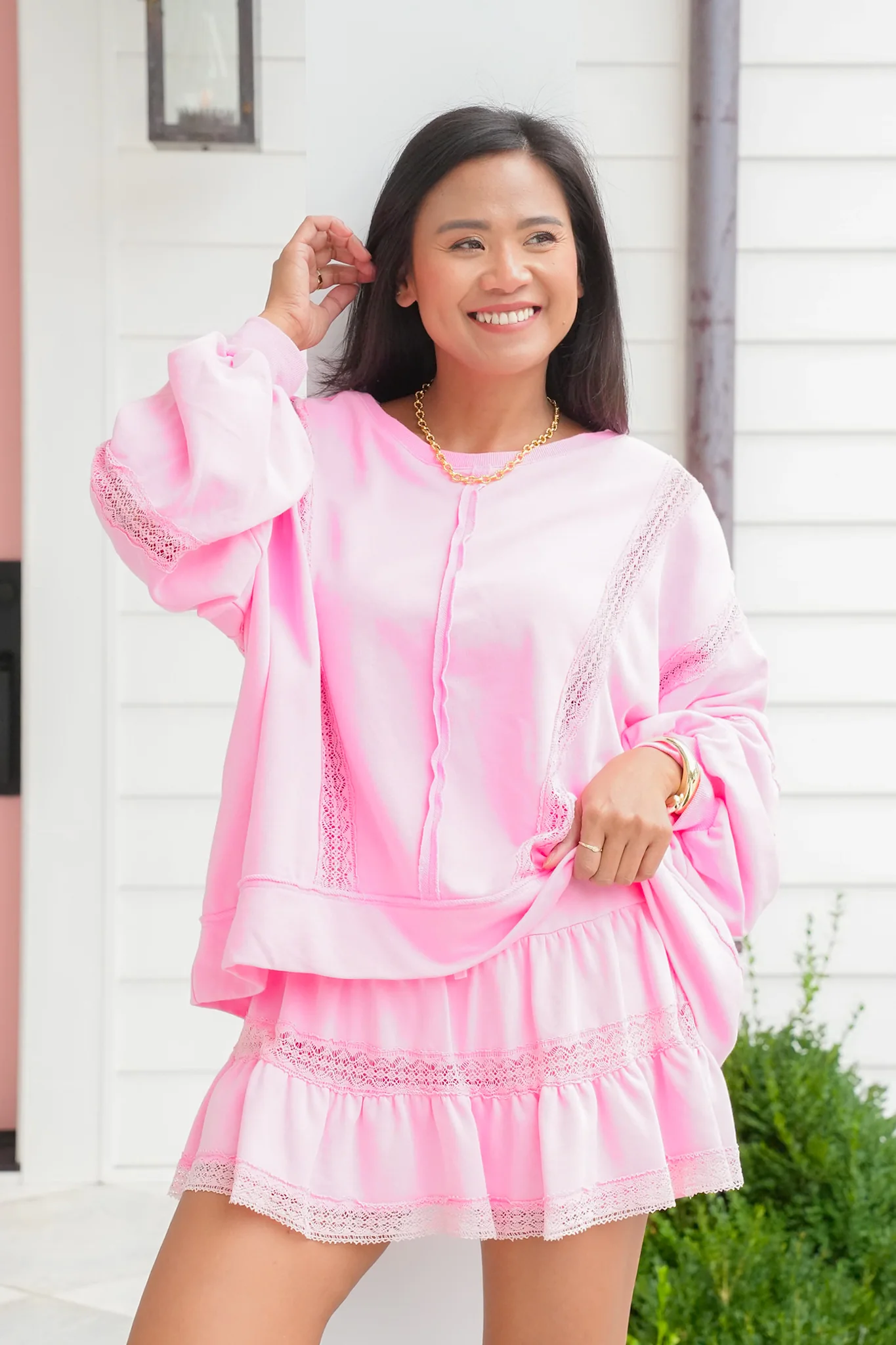 Lace Trim Long Sleeve Pullover Top and Skort Set - Image 12