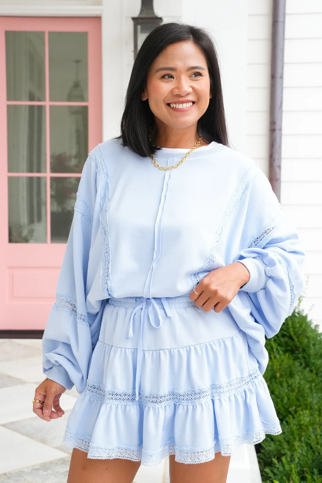Lace Trim Long Sleeve Pullover Top and Skort Set - Image 15