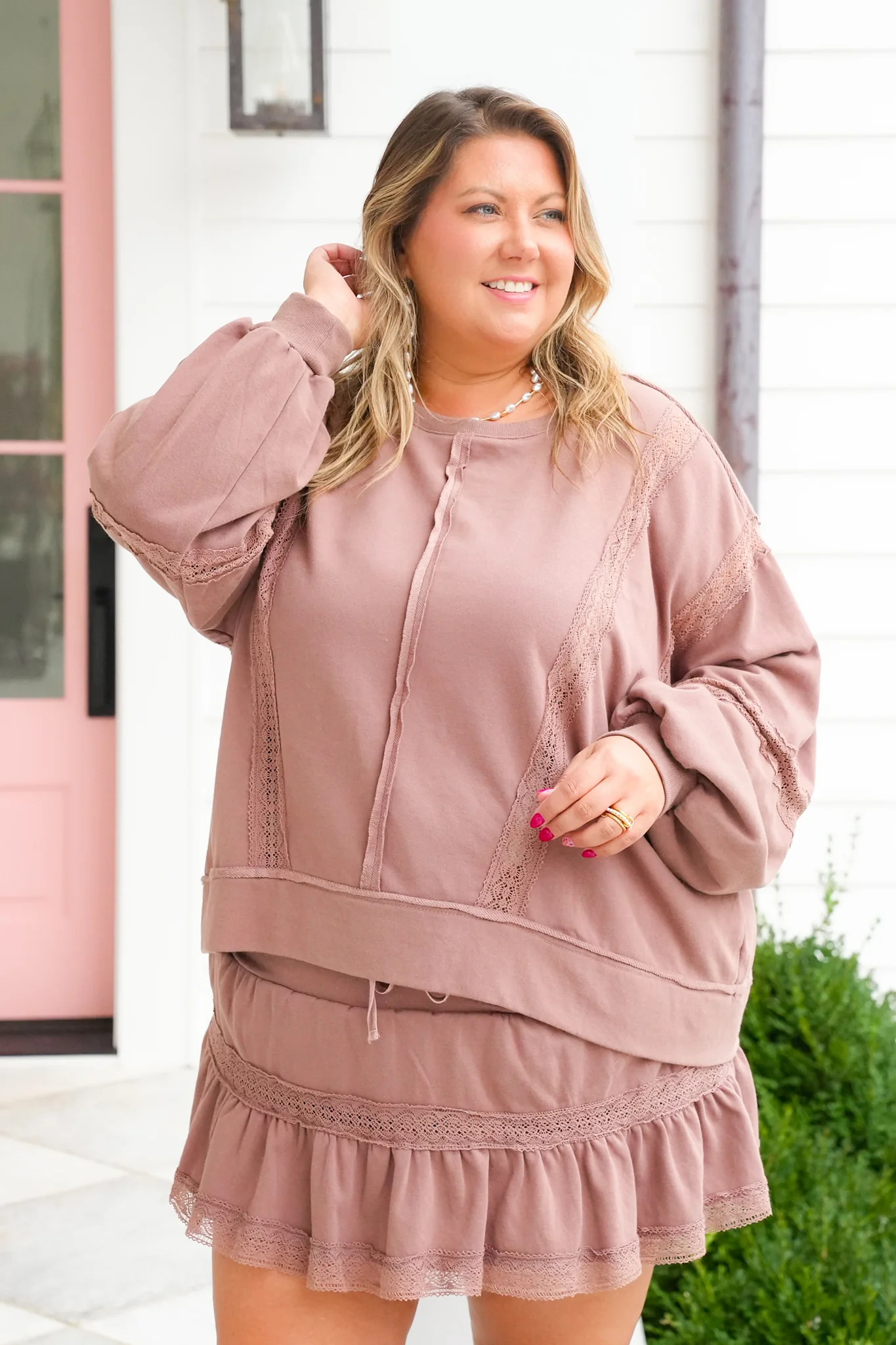 Lace Trim Long Sleeve Pullover Top and Skort Set - Image 16