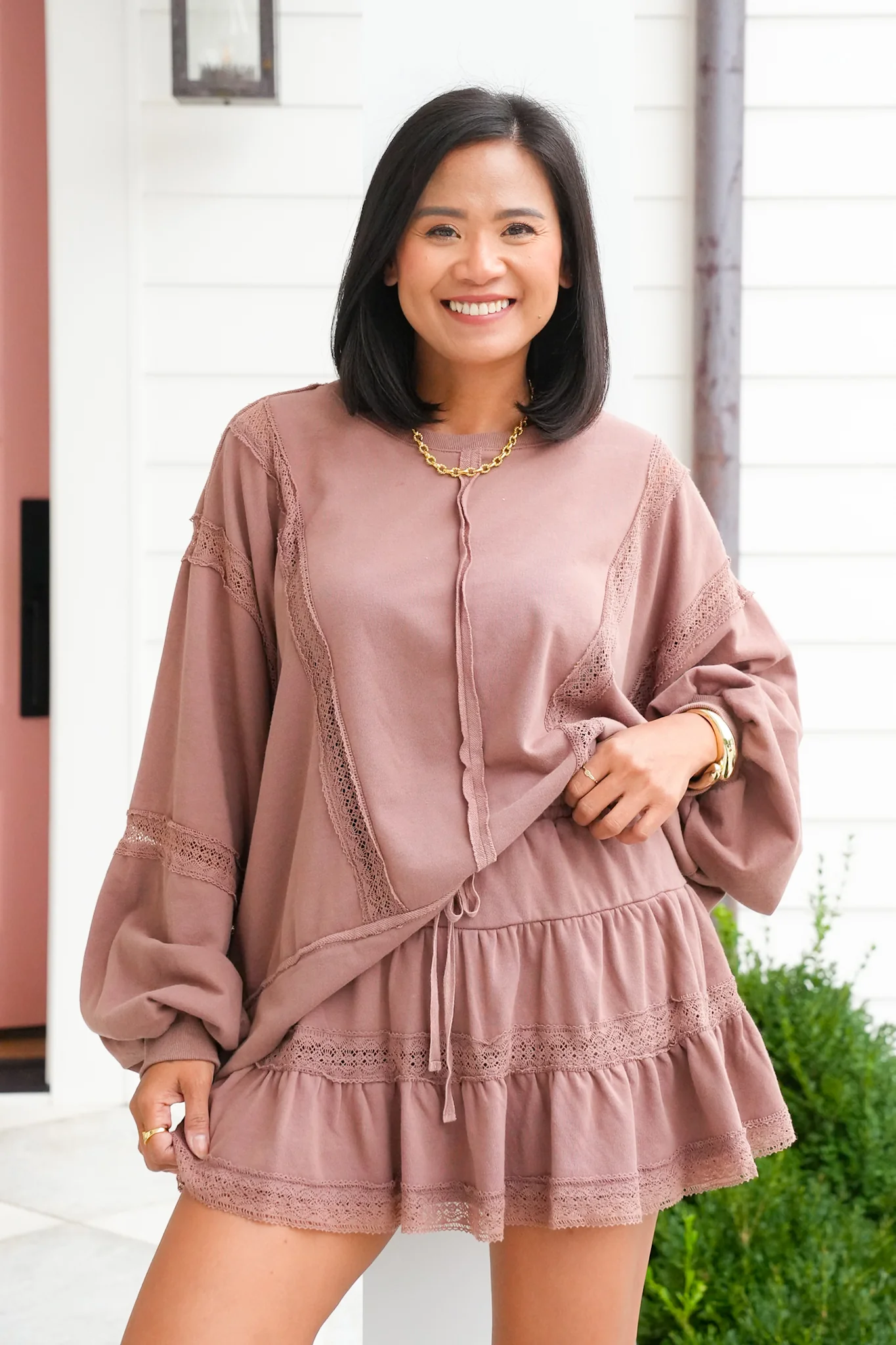 Lace Trim Long Sleeve Pullover Top and Skort Set - Image 3