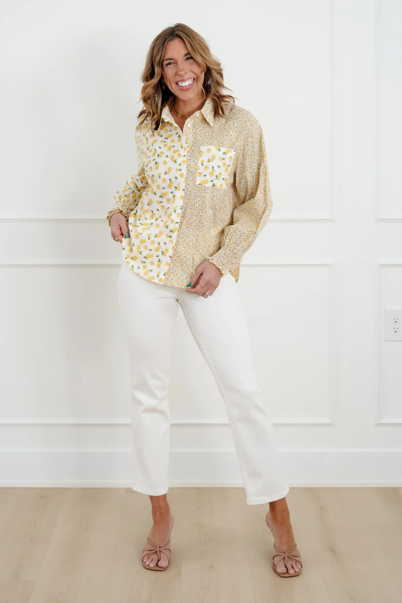 Lemon Print Long Sleeve Button Down Top - Image 2