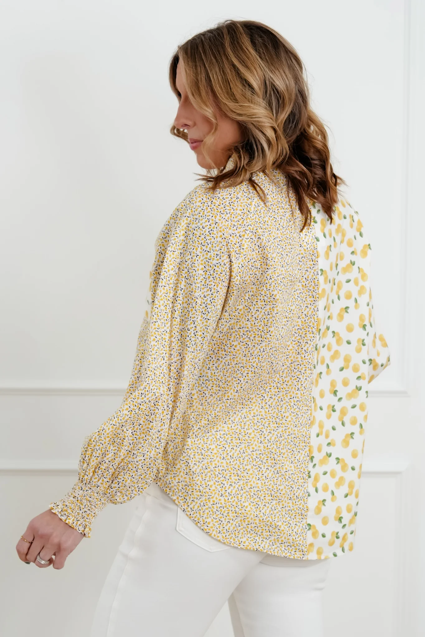 Lemon Print Long Sleeve Button Down Top - Image 3