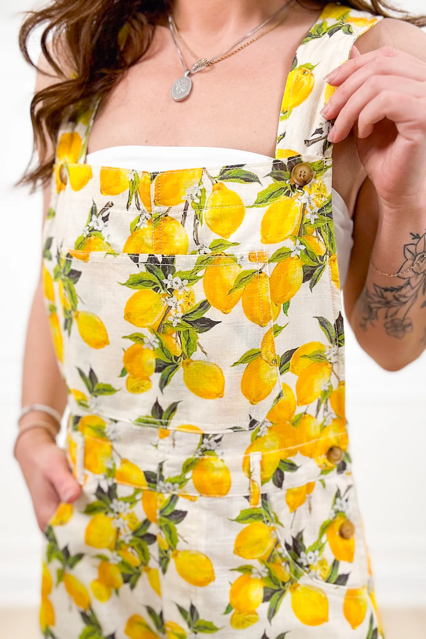 Lemon Print Overall Short with Side Pockets
