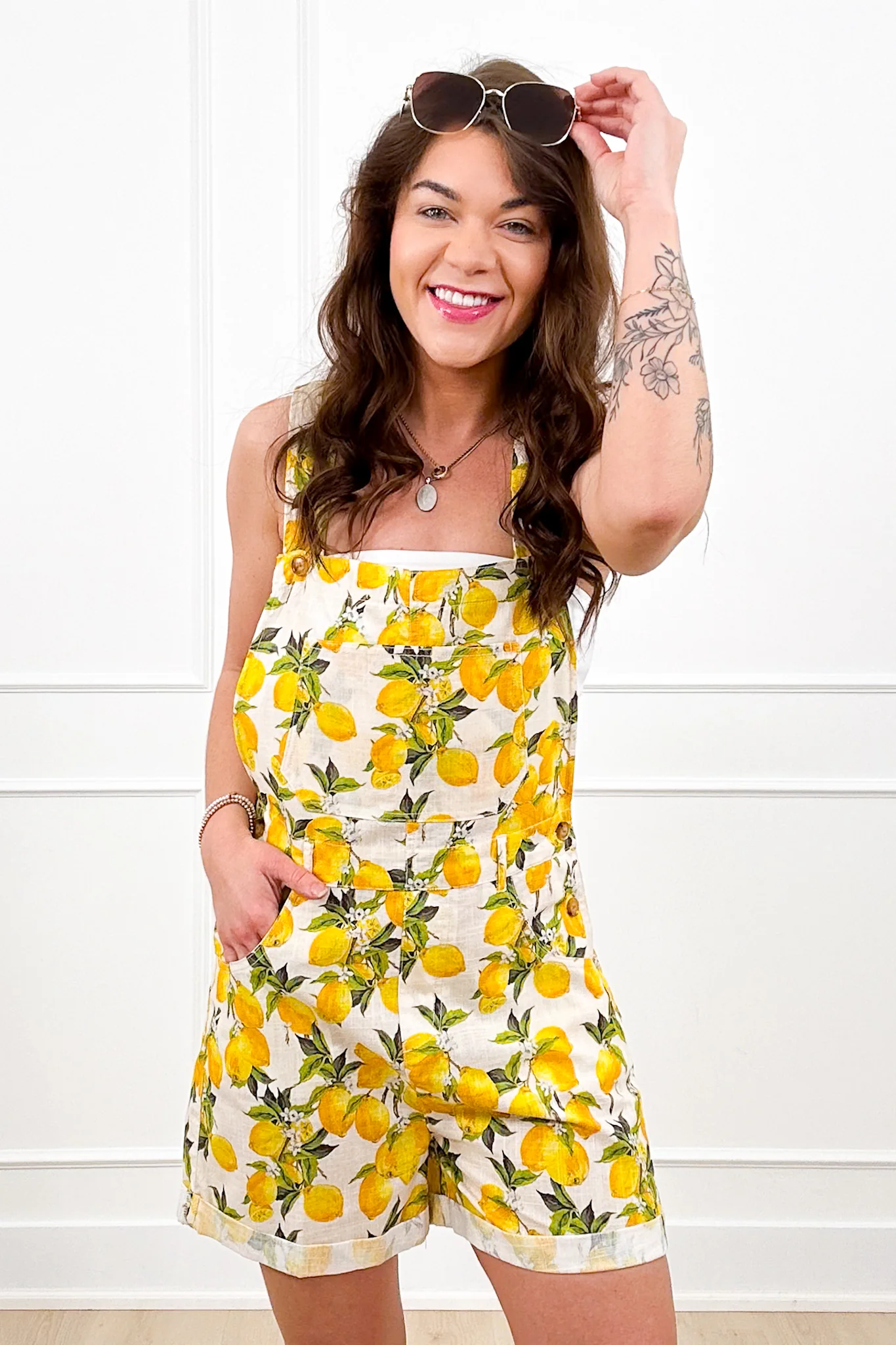 Lemon Print Overall Short with Side Pockets - Image 3