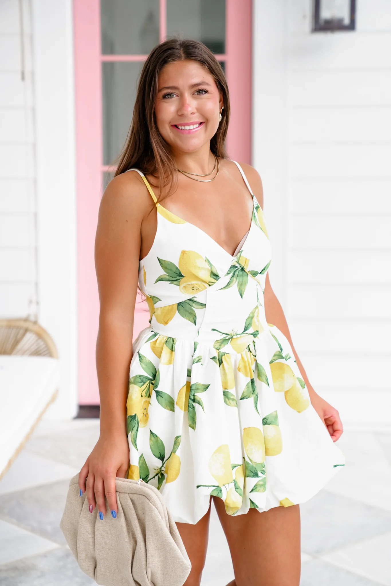Lemon Print Sleeveless V-Neck Bubble Mini Dress - Image 2