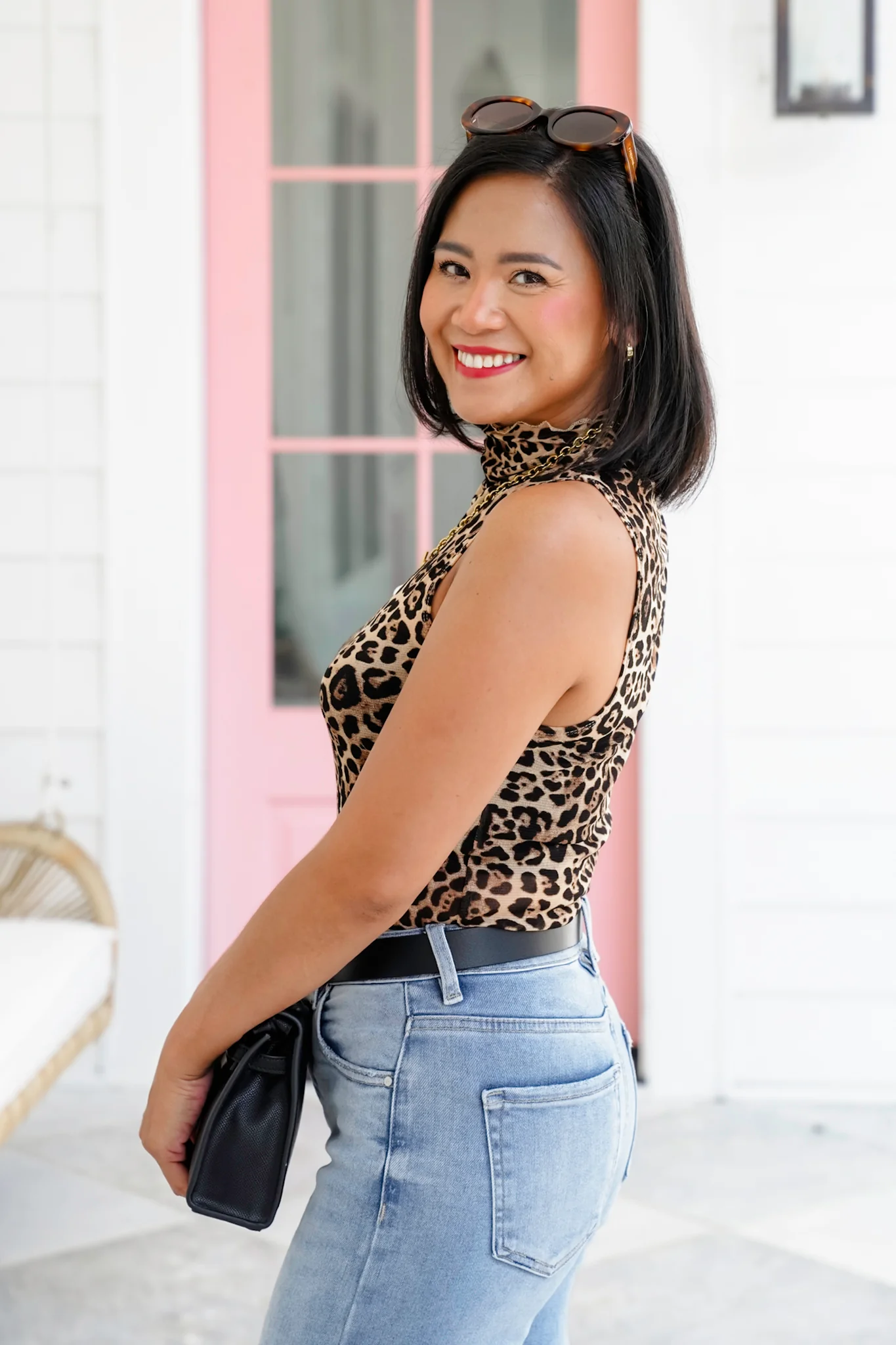 Leopard Mesh Sleeveless Mock Neck Top - Image 3