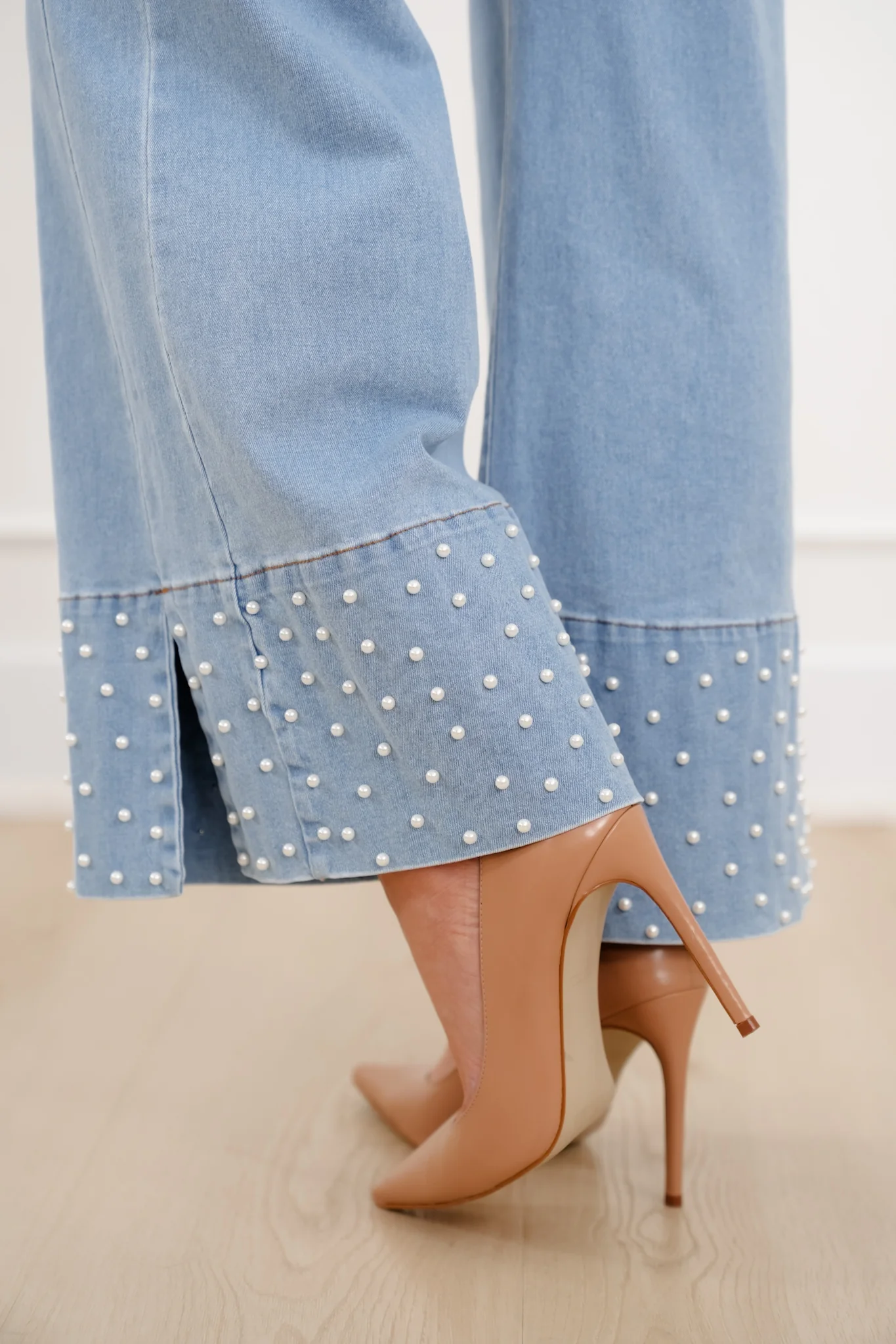 Light Wash Denim Jeans with Pearl Detail - Image 2