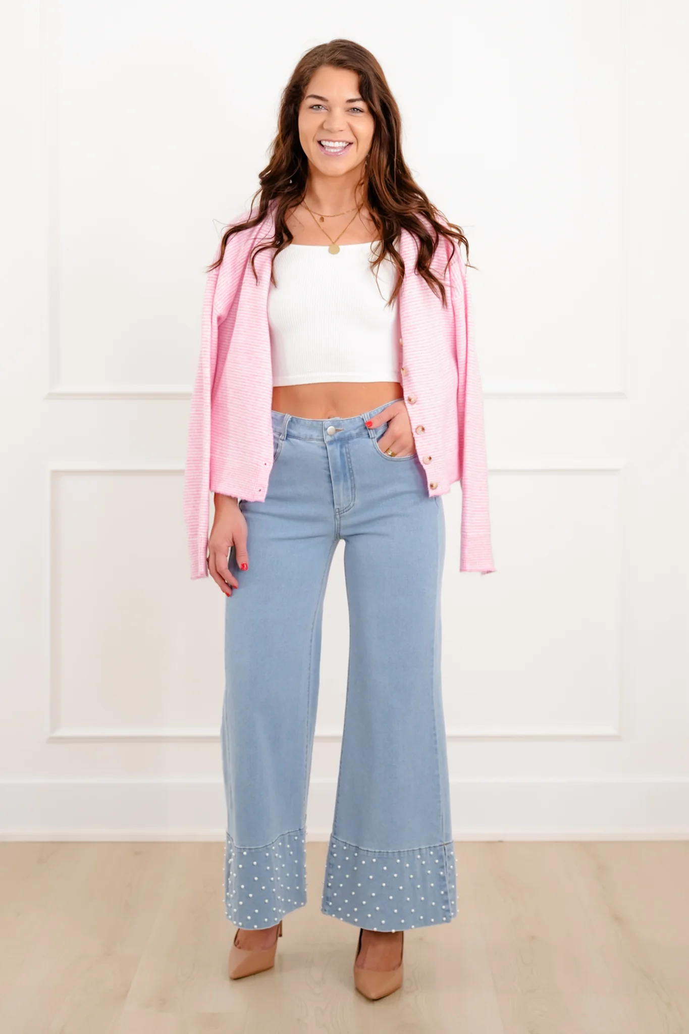Light Wash Denim Jeans with Pearl Detail - Image 7