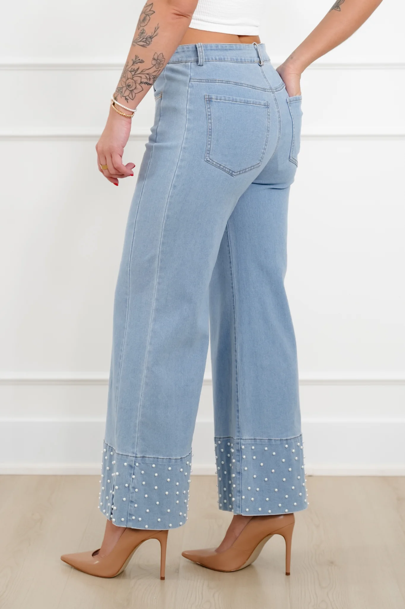 Light Wash Denim Jeans with Pearl Detail - Image 8