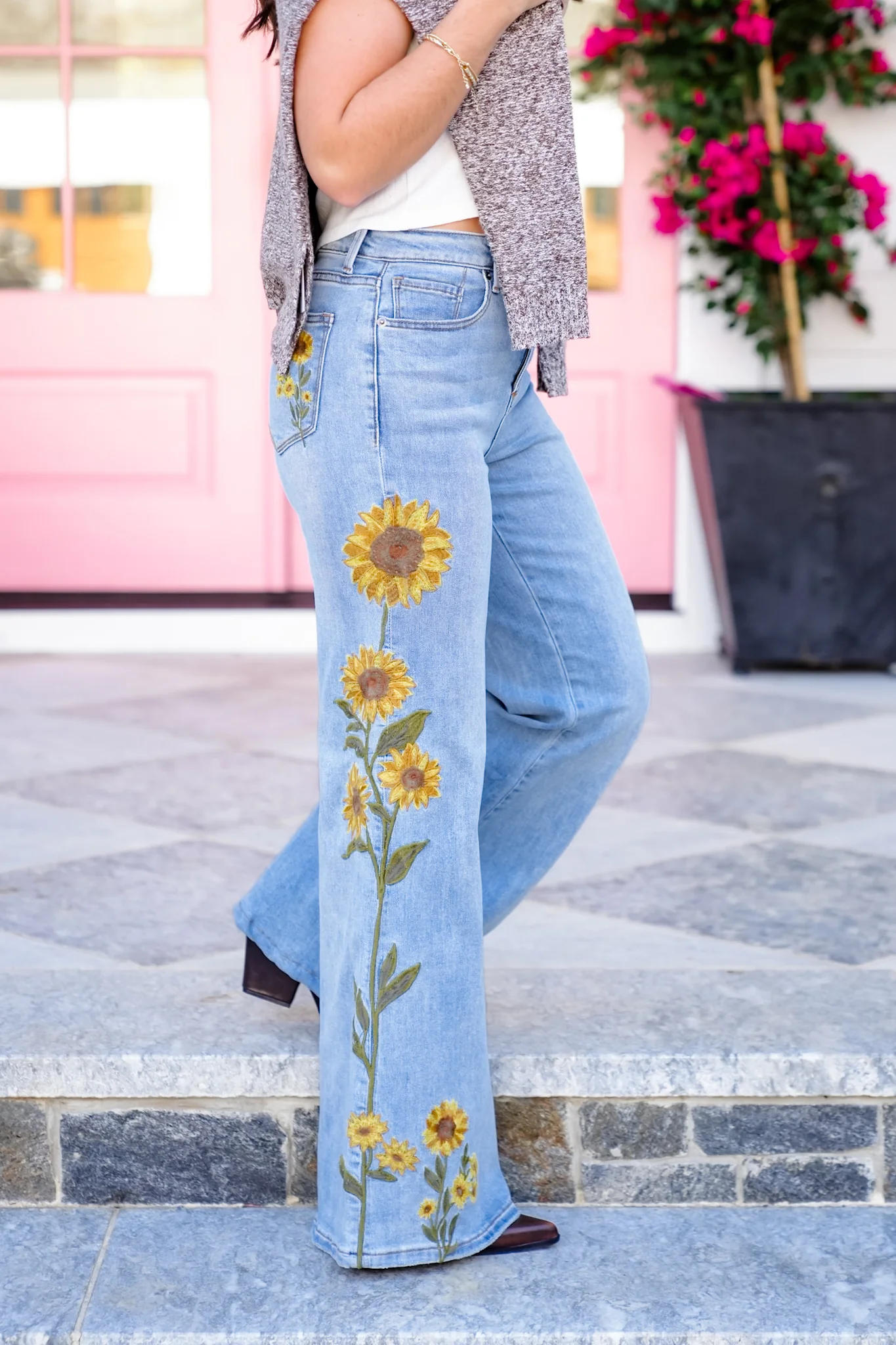 Light Wash Embroidered Sunflower Denim Jeans - Image 11