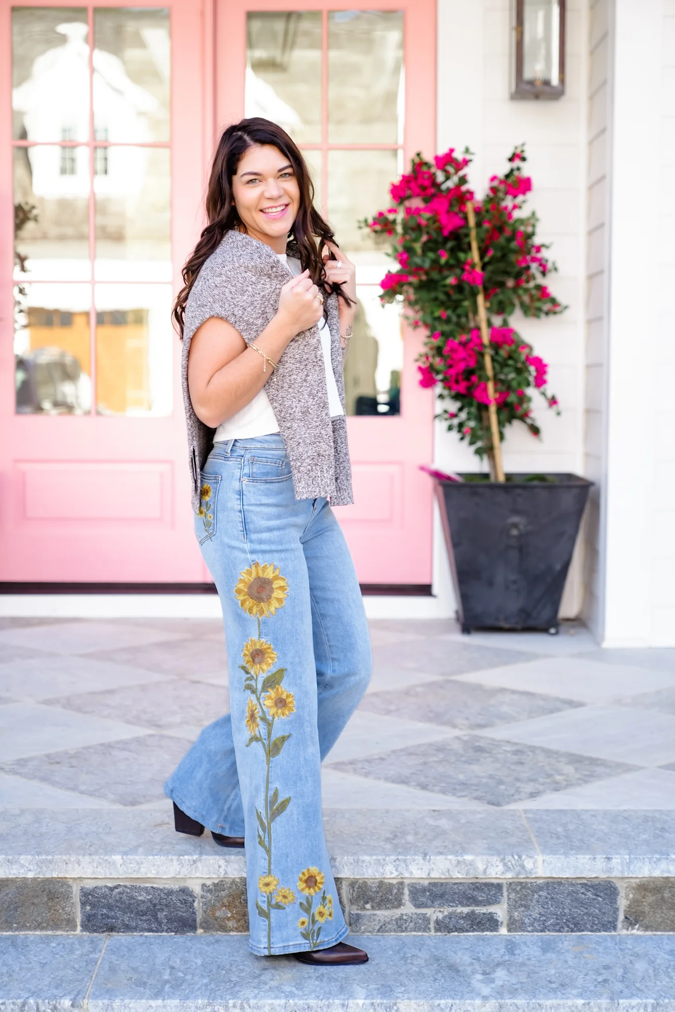 Light Wash Embroidered Sunflower Denim Jeans - Image 12