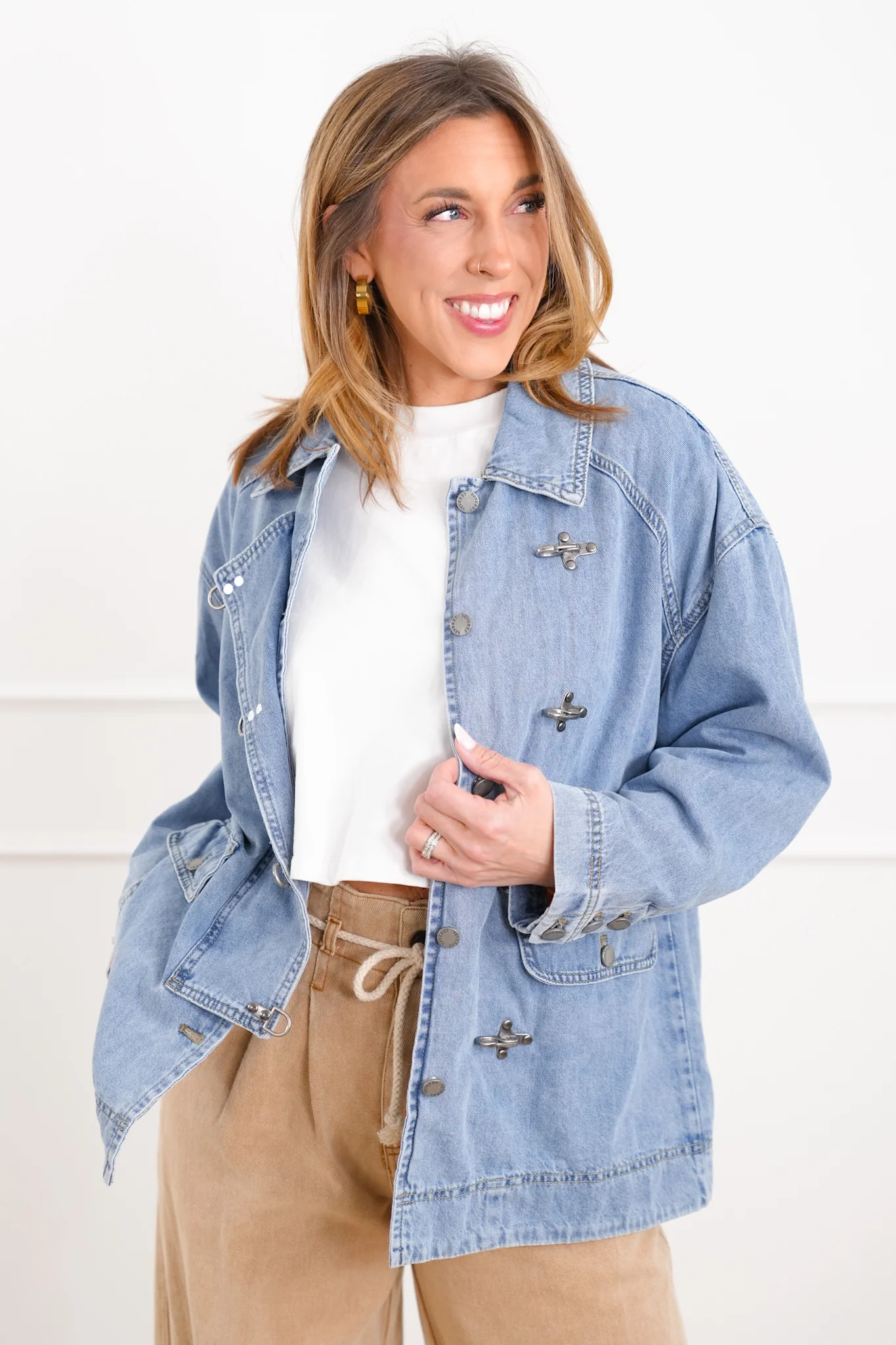 Light Wash Long Sleeve Barn Jacket with Buckle Details - Image 2