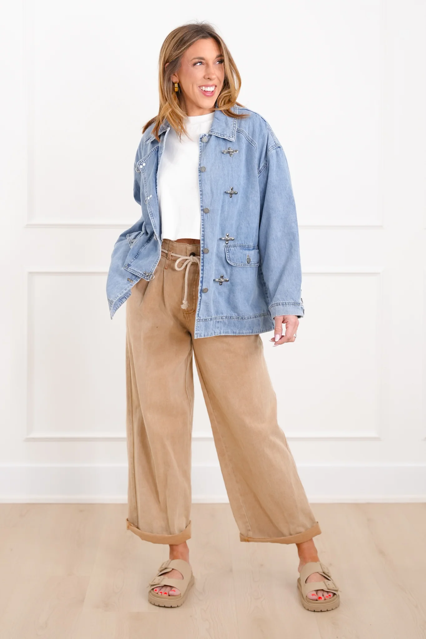 Light Wash Long Sleeve Barn Jacket with Buckle Details - Image 6