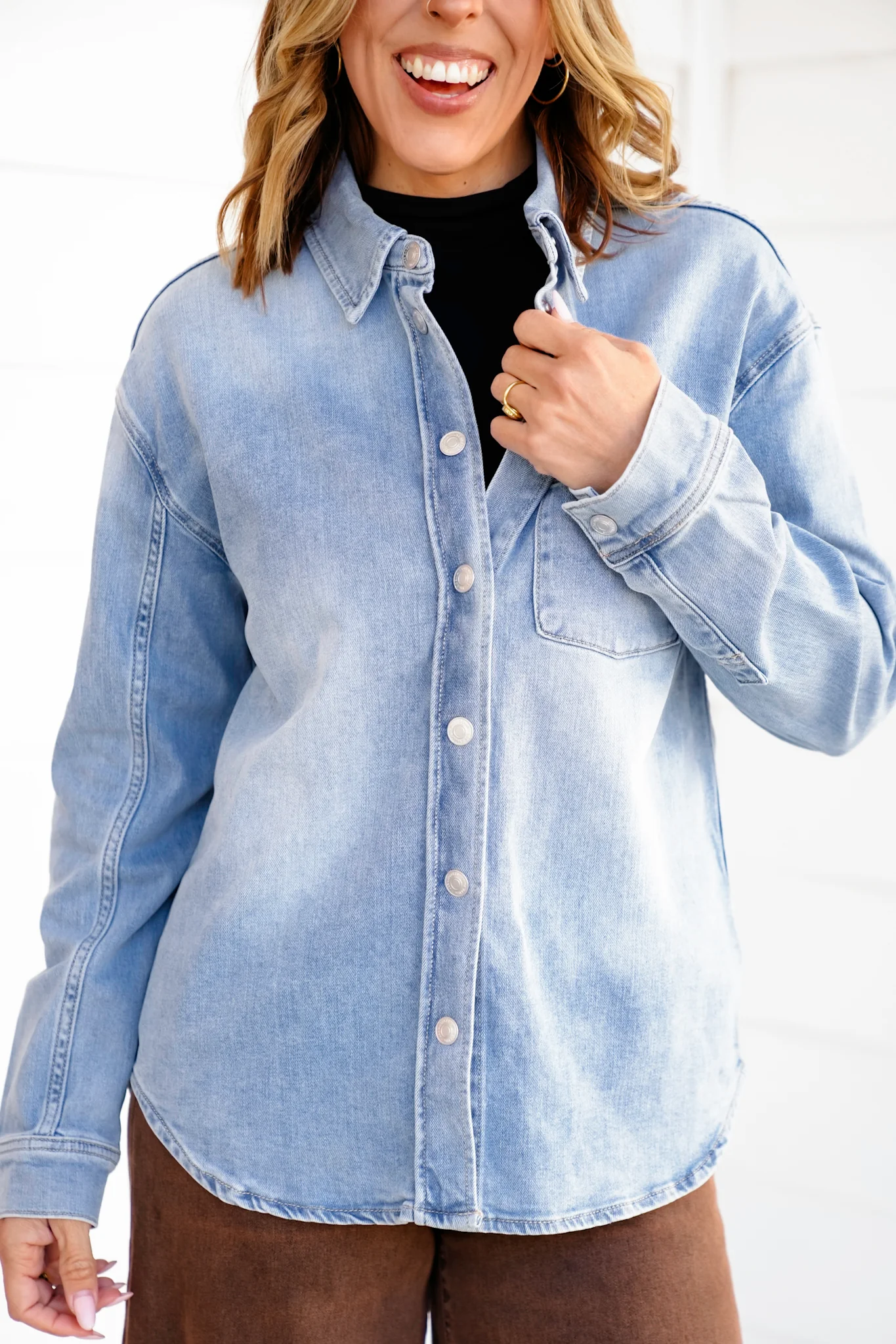 Light Wash Long Sleeve Snap Button Down Shirt - Image 3