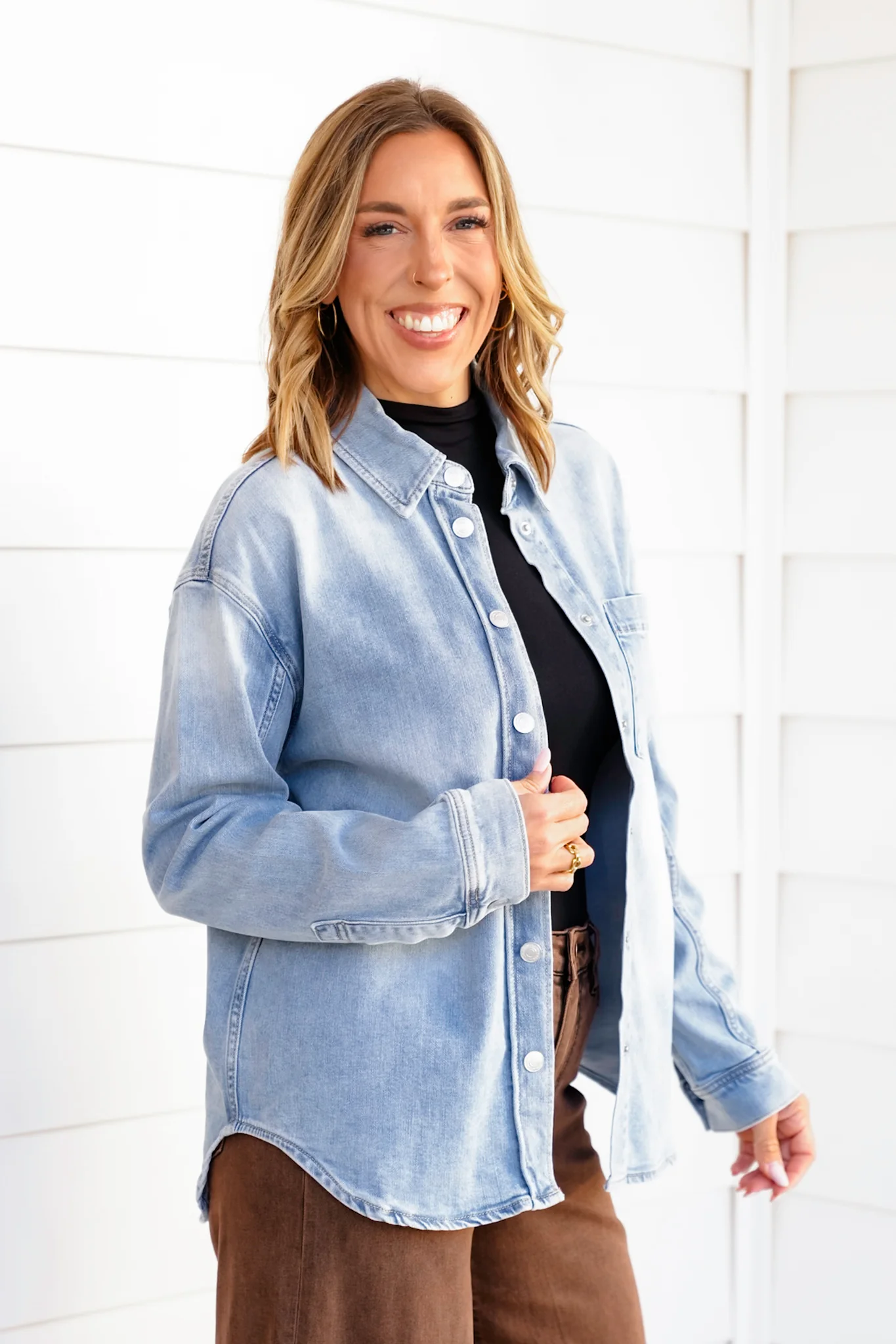 Light Wash Long Sleeve Snap Button Down Shirt - Image 4