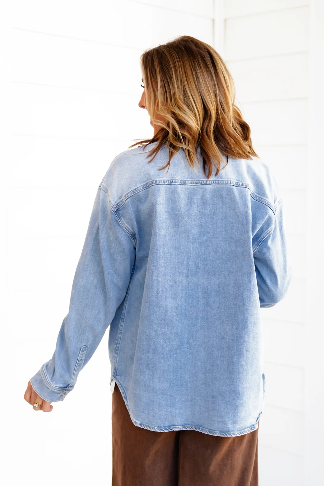 Light Wash Long Sleeve Snap Button Down Shirt - Image 5