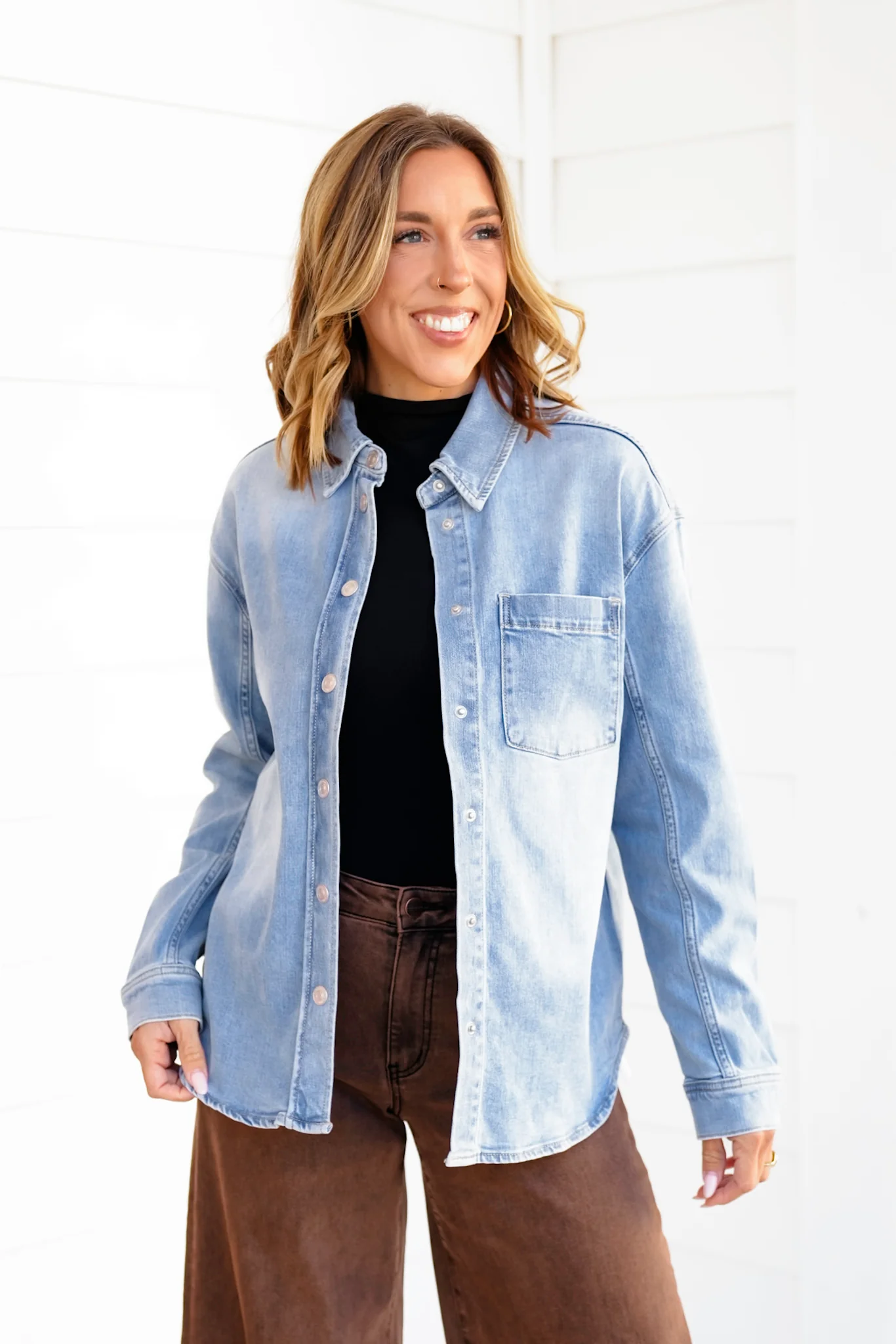 Light Wash Long Sleeve Snap Button Down Shirt - Image 6
