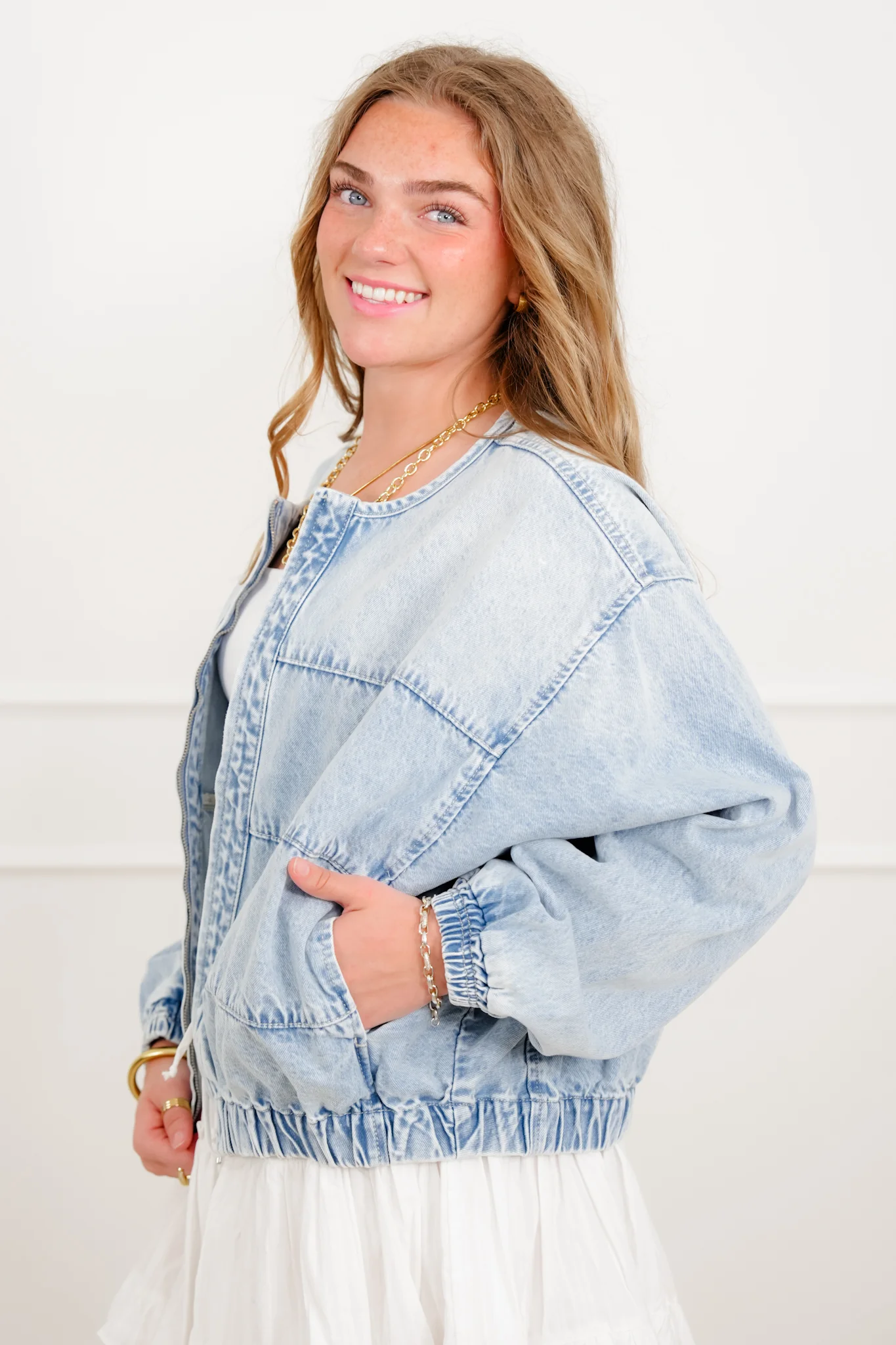 Light Wash Long Sleeve Zip-Up Bomber Jacket - Image 3