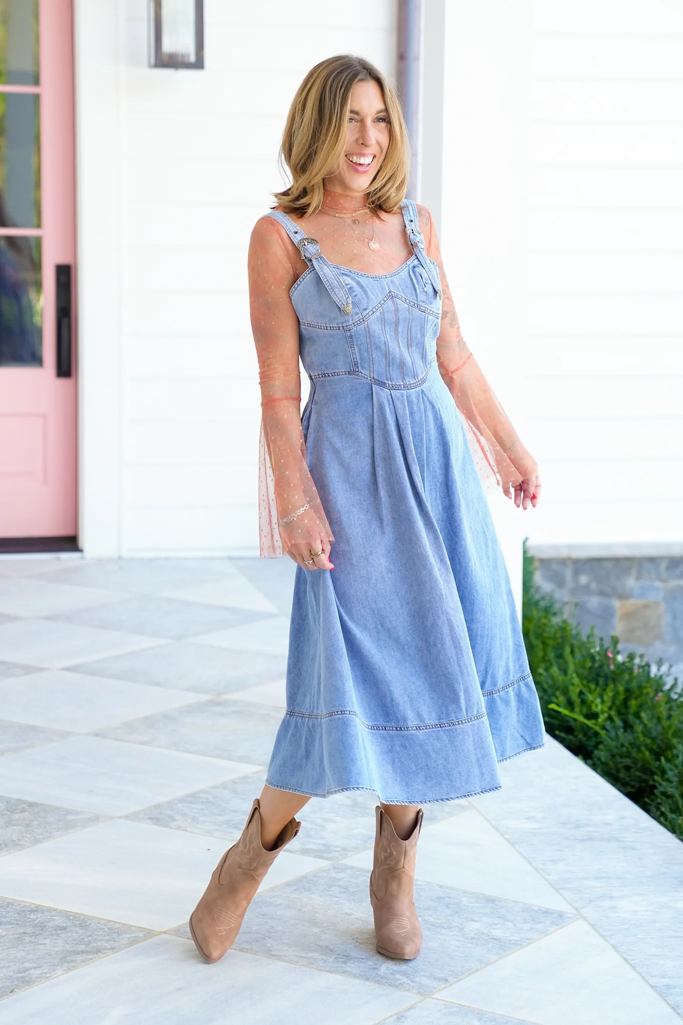 Light Wash Sleeveless Midi Dress with Buckle Detail - Image 5