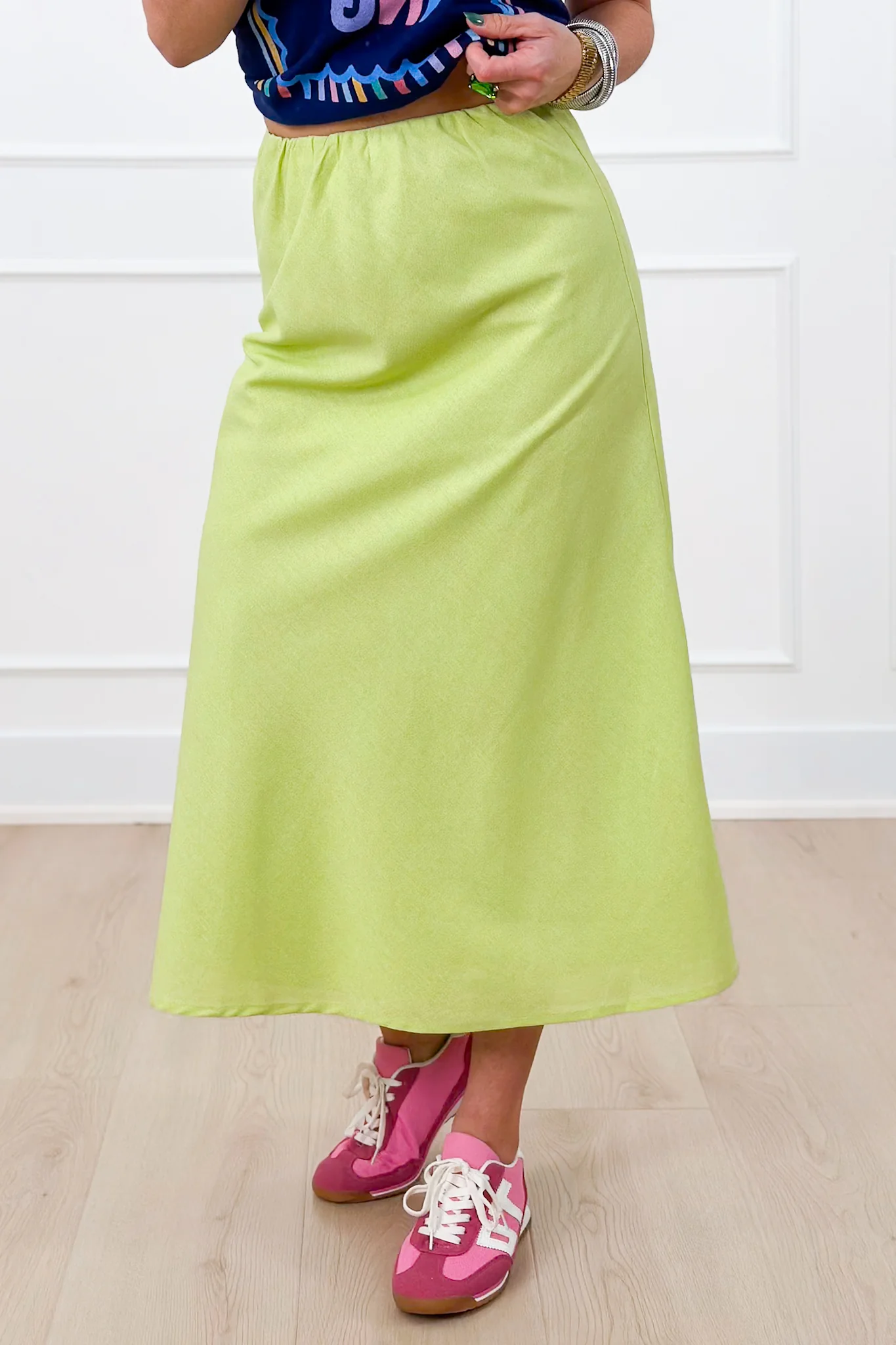 Linen Blend Elastic Waist A-Line Midi Skirt - Image 3