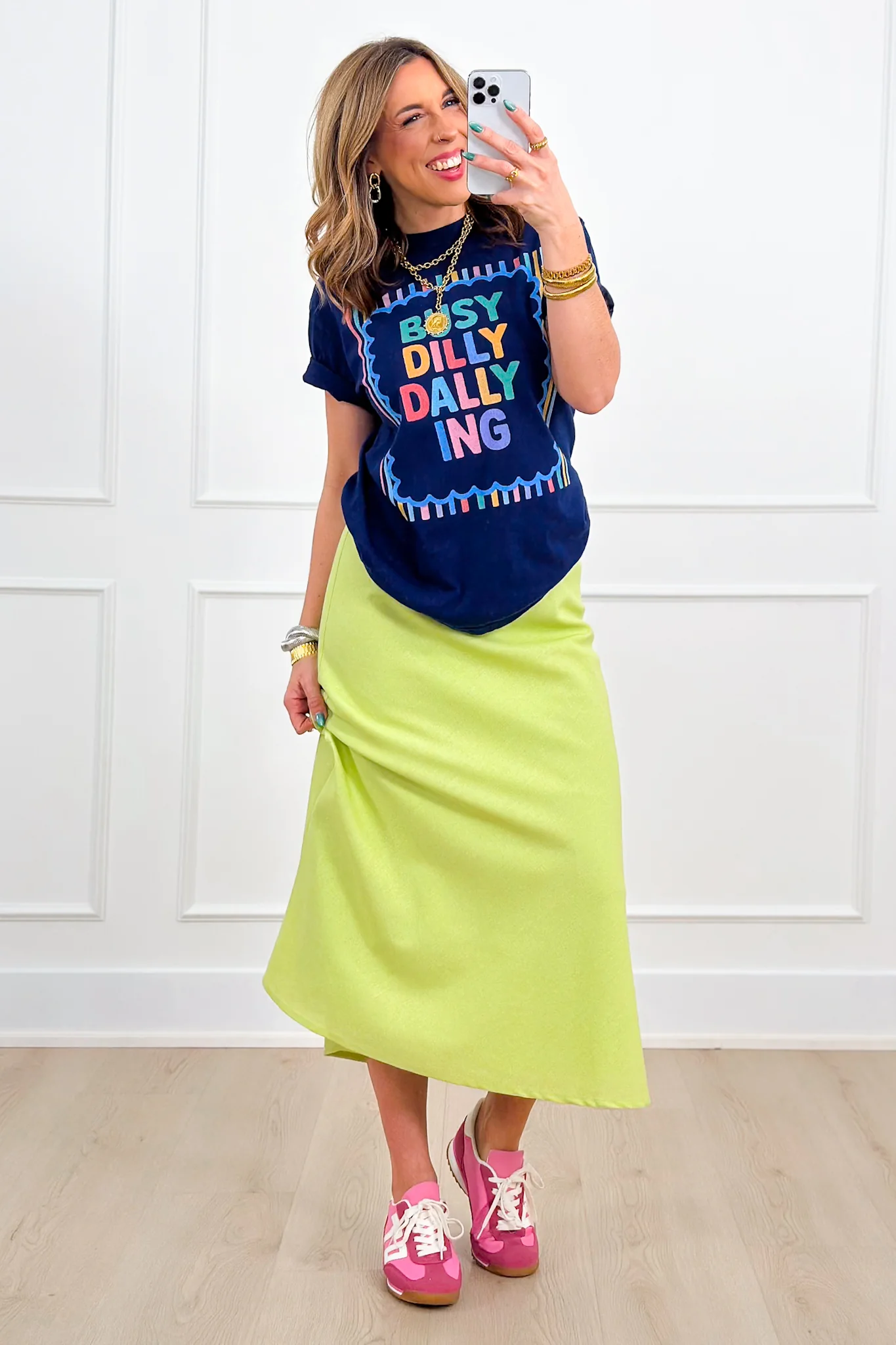 Linen Blend Elastic Waist A-Line Midi Skirt - Image 5