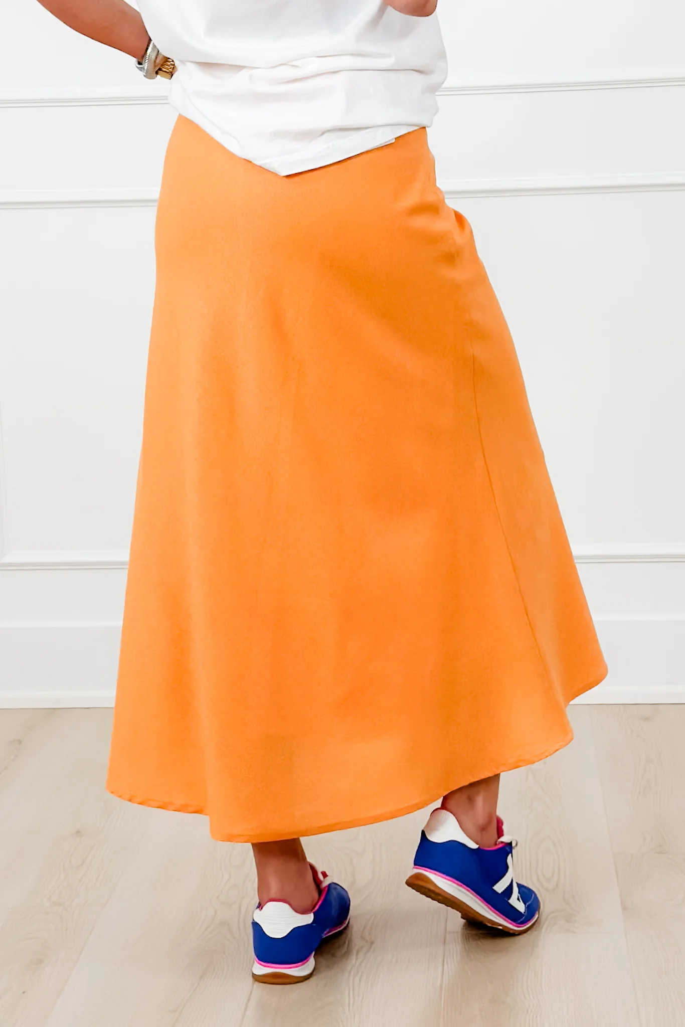Linen Blend Elastic Waist A-Line Midi Skirt - Image 7