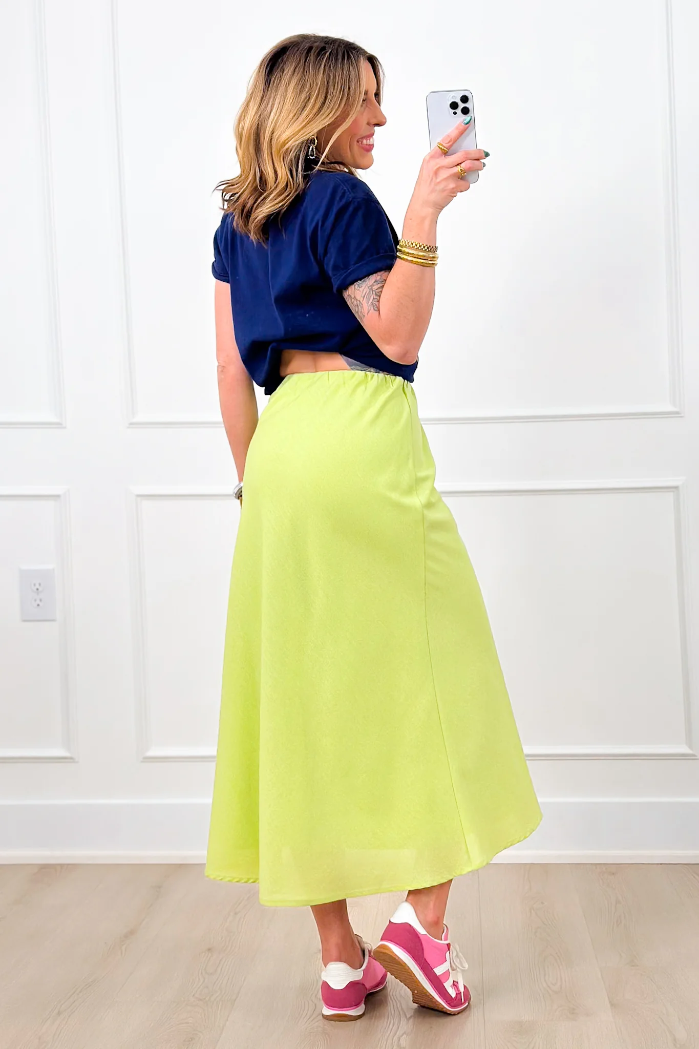 Linen Blend Elastic Waist A-Line Midi Skirt - Image 8