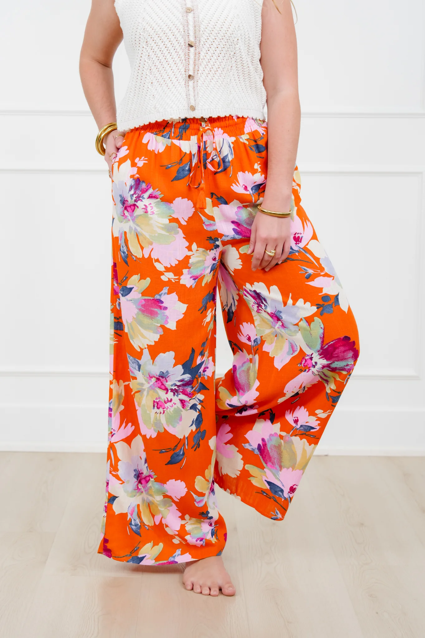Linen Blend Floral Elastic Waist Wide Leg Pants - Image 2