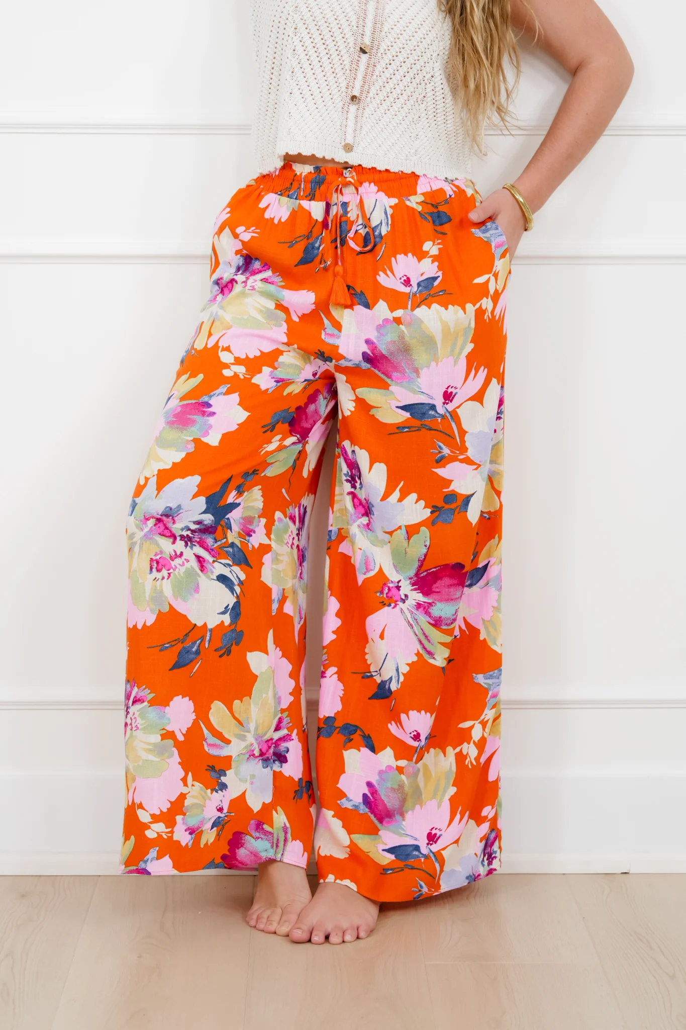 Linen Blend Floral Elastic Waist Wide Leg Pants - Image 4